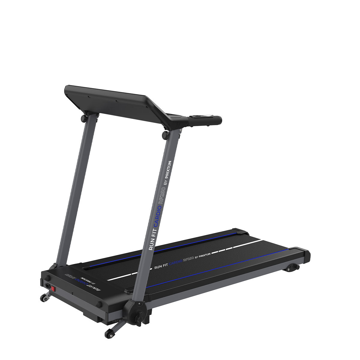 Bieżnia z czarną powierzchnią do biegania i niebieskimi detalami, na białym tle.