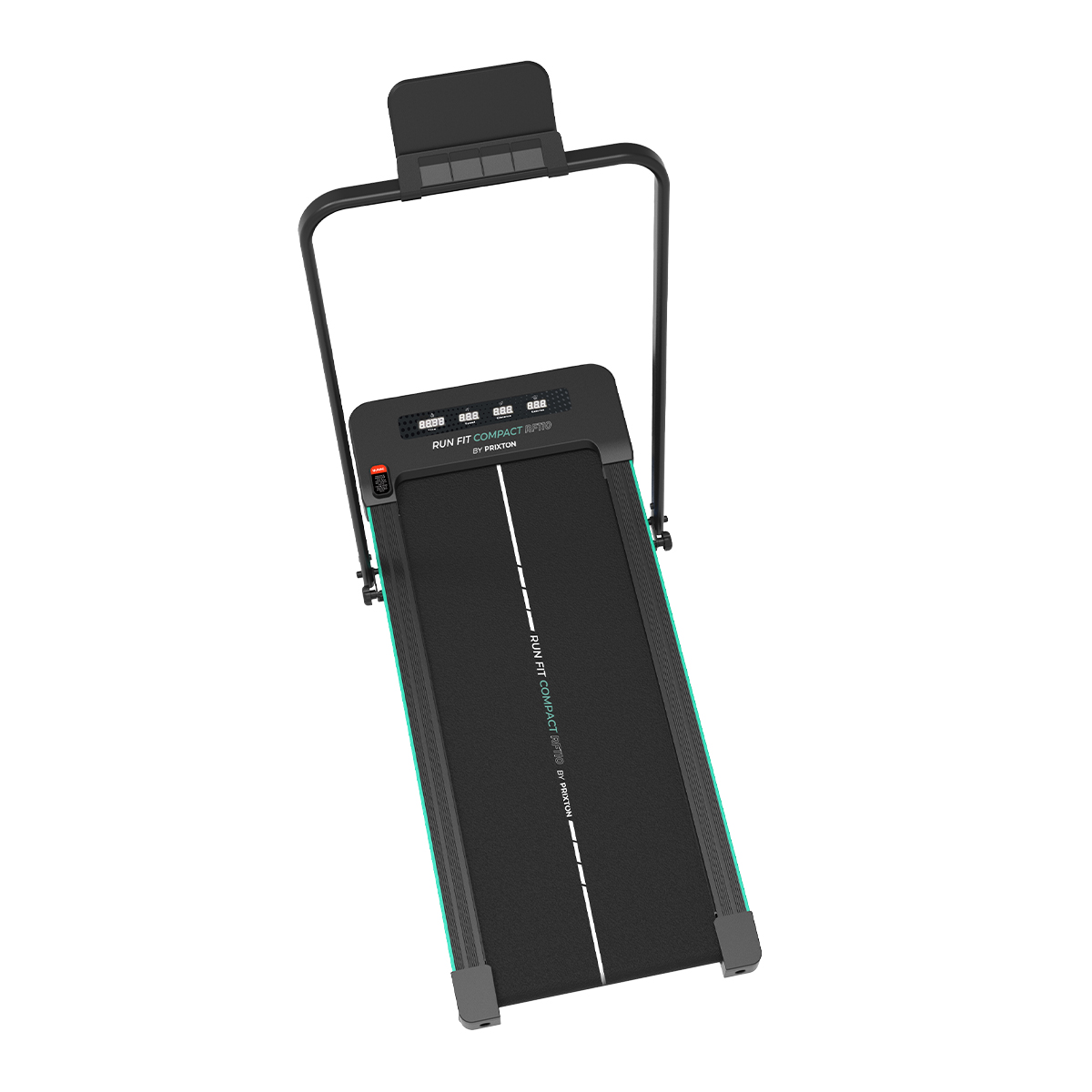 Laufband, schwarze und teal Farben. Draufsicht. Bedienfeld sichtbar. Text: 'Run Fit Compact 270'.