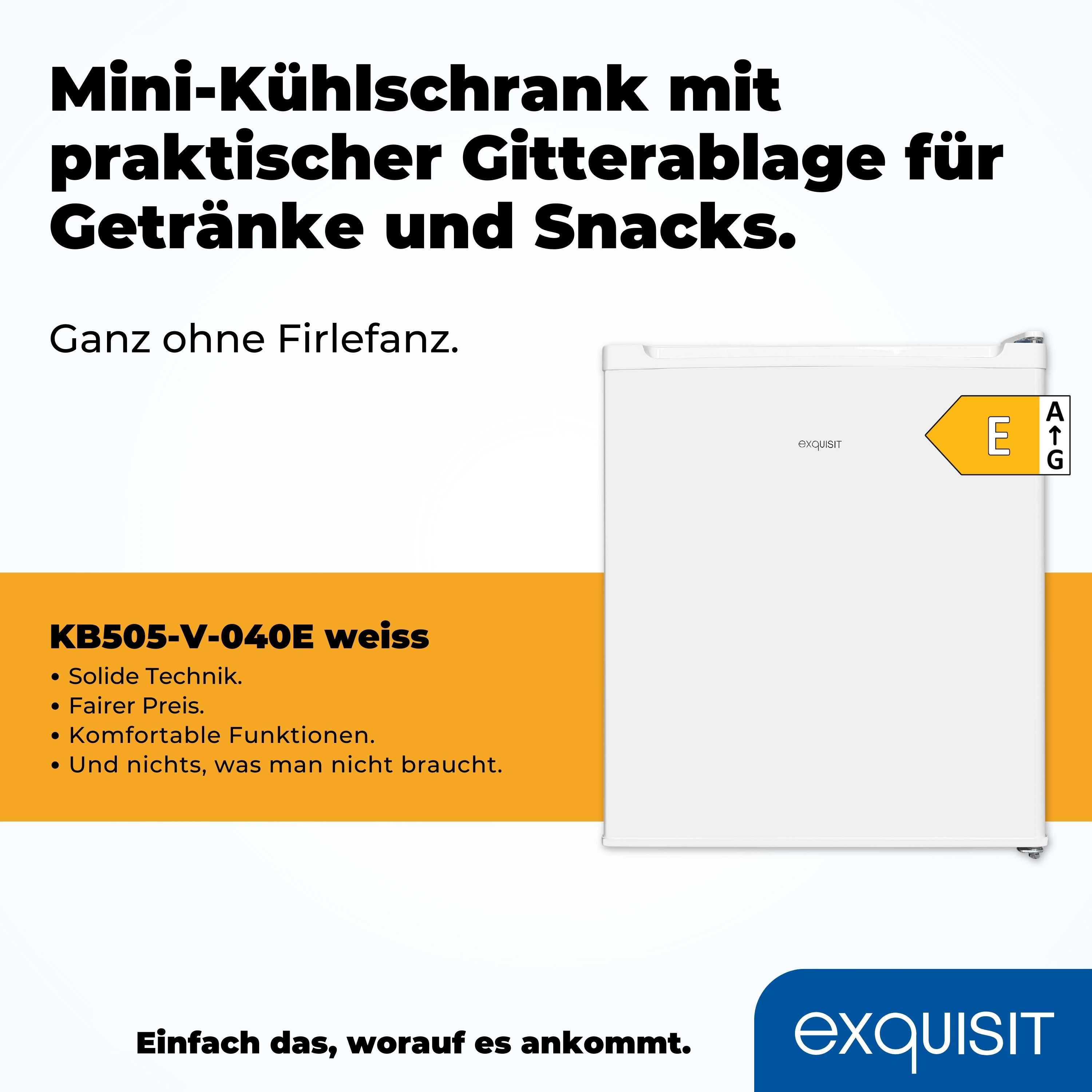 Weißer Mini-Kühlschrank, mit Energieeffizienzlabel und einem Textblock an der Seite.