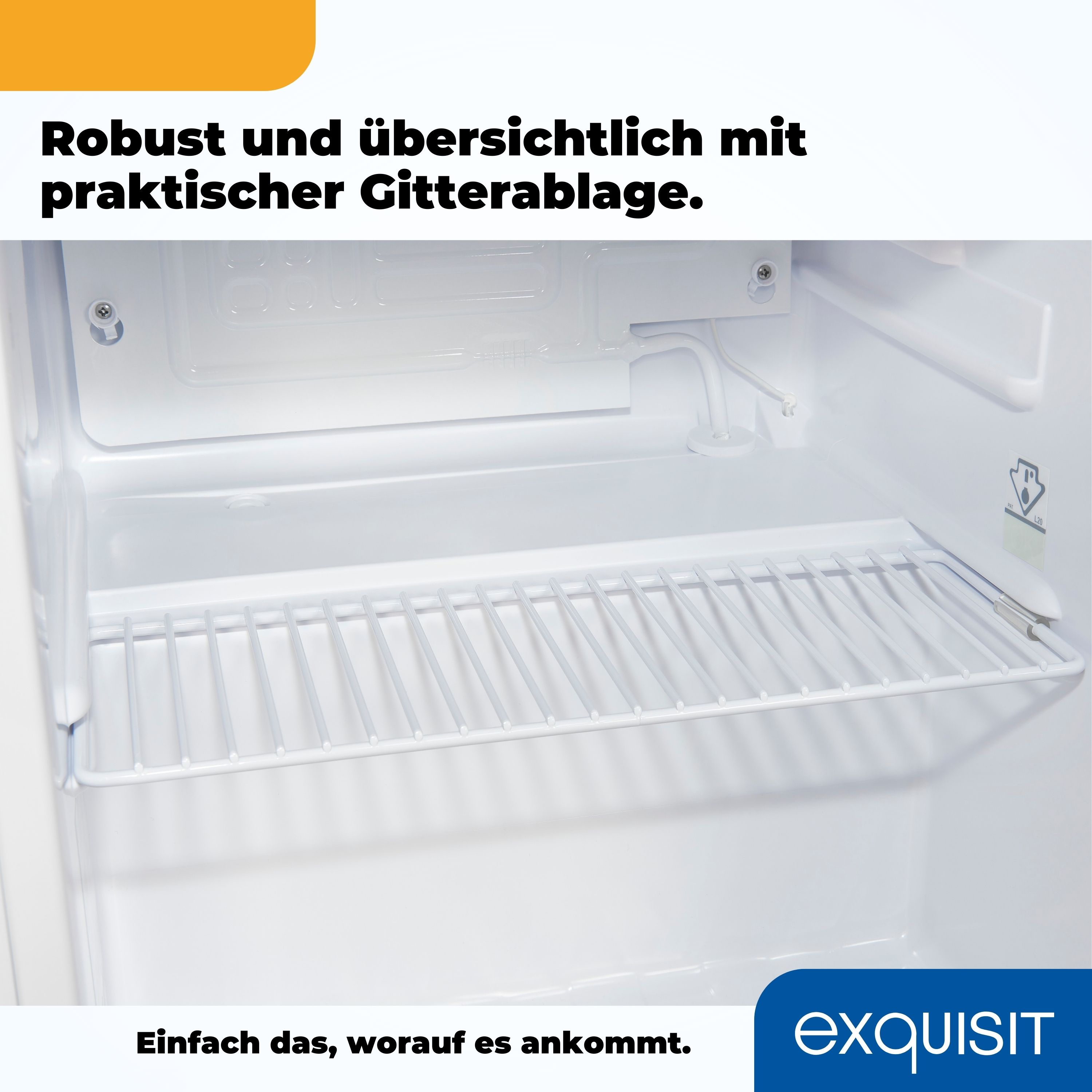 Innenraum eines weißen Kühlschranks mit Drahtregal und dem Wort „exquisit“.