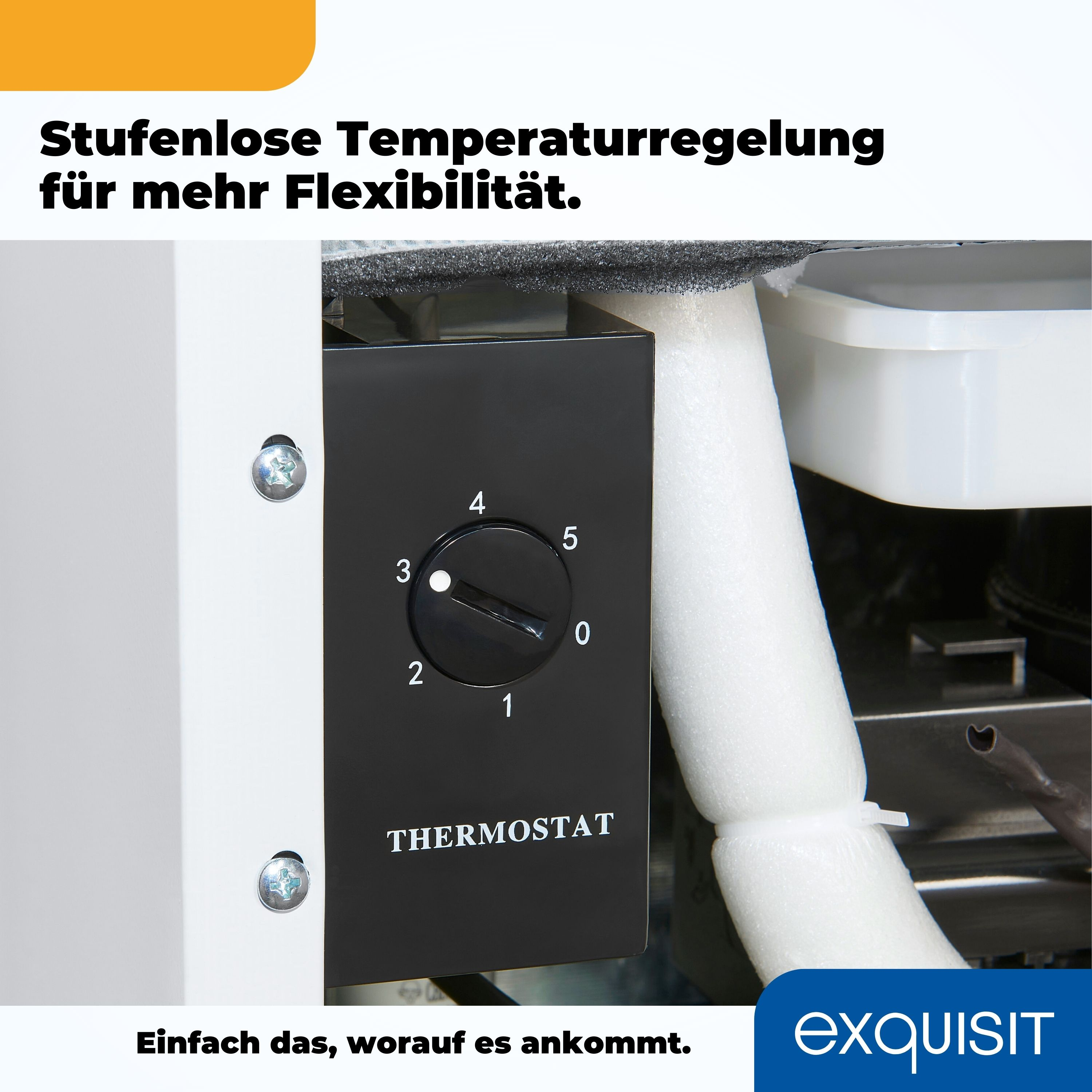 Ein schwarzes Thermostat mit nummeriertem Zifferblatt (0-5) ist auf einem weißen Gerät sichtbar.
