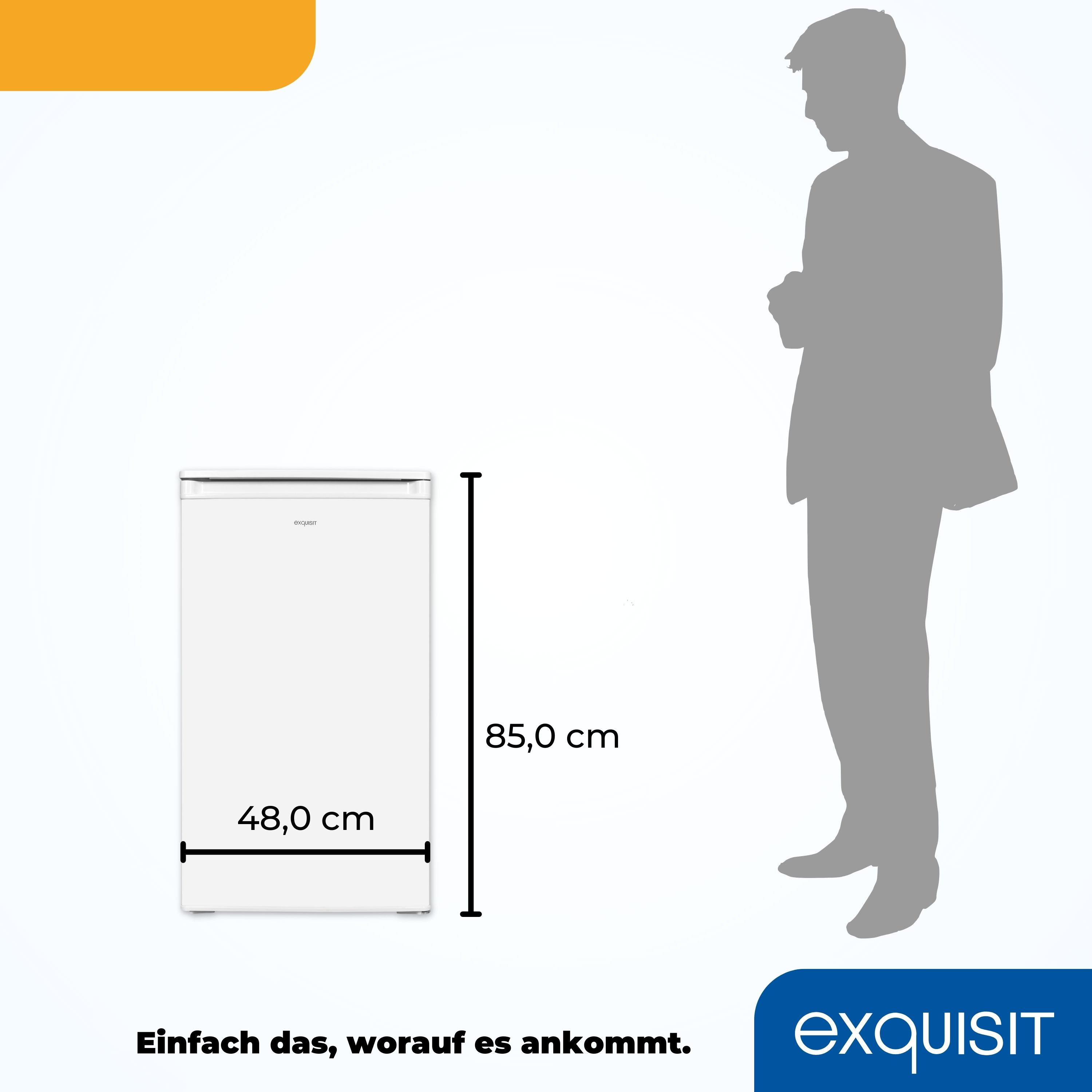 Weißer Kühlschrank mit Maßen und Personensilhouette, misst 48,0 cm x 85,0 cm.