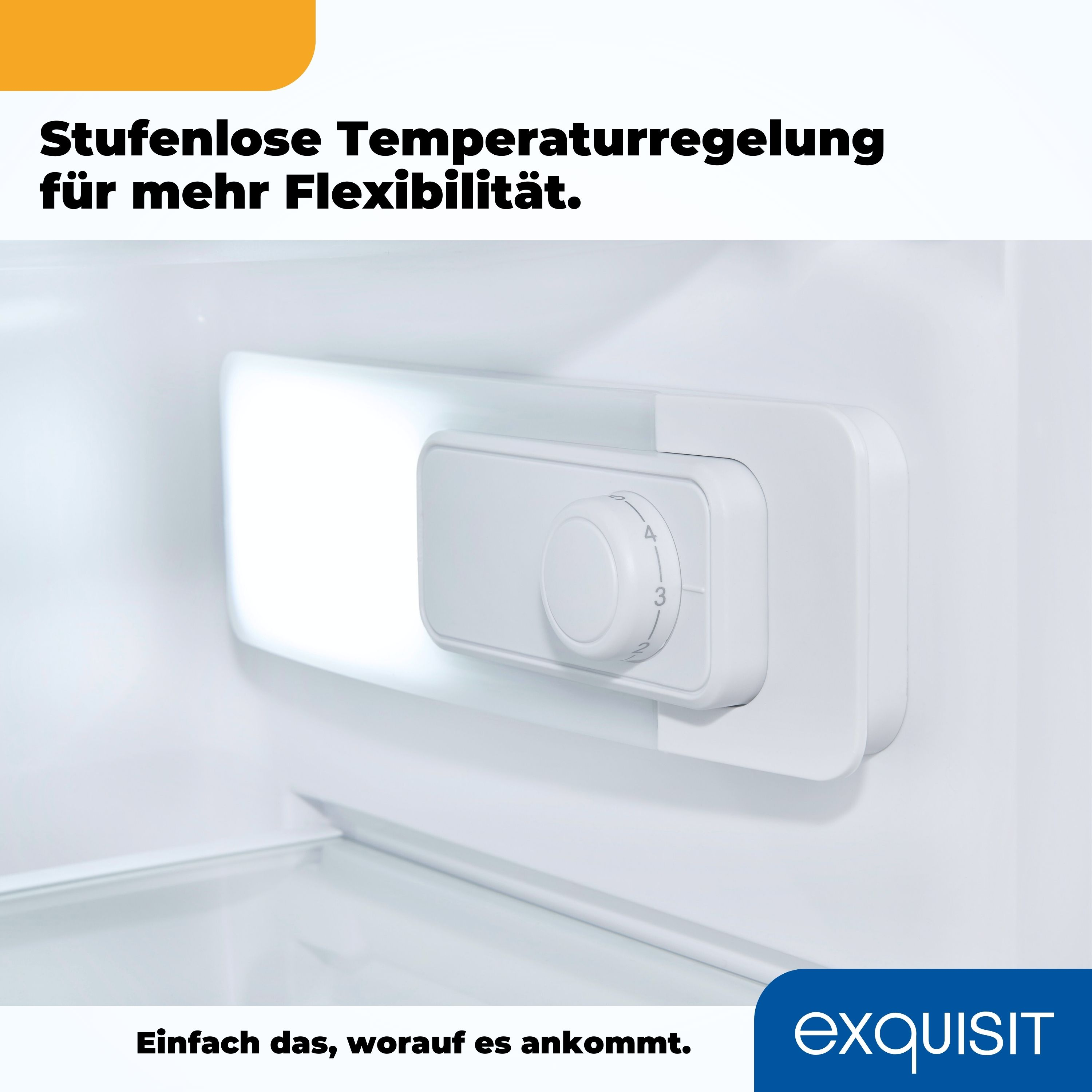 Weißer Kühlschrankinnenraum. Eine weiße Temperaturregelung mit einem Drehknopf ist im Kühlschrank sichtbar.