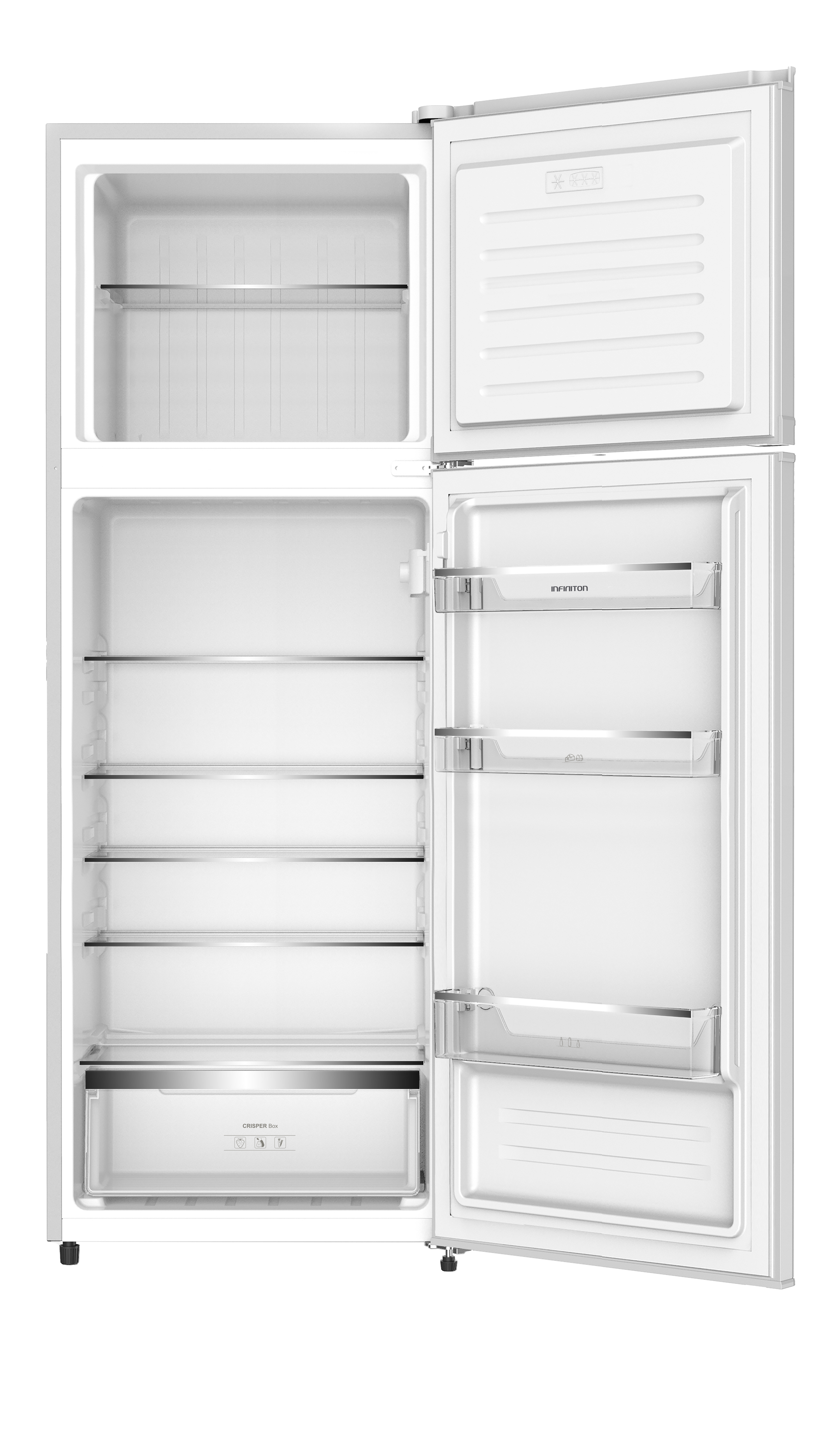 Refrigerador blanco, abierto, con los compartimentos superior e inferior visibles, sobre fondo blanco.