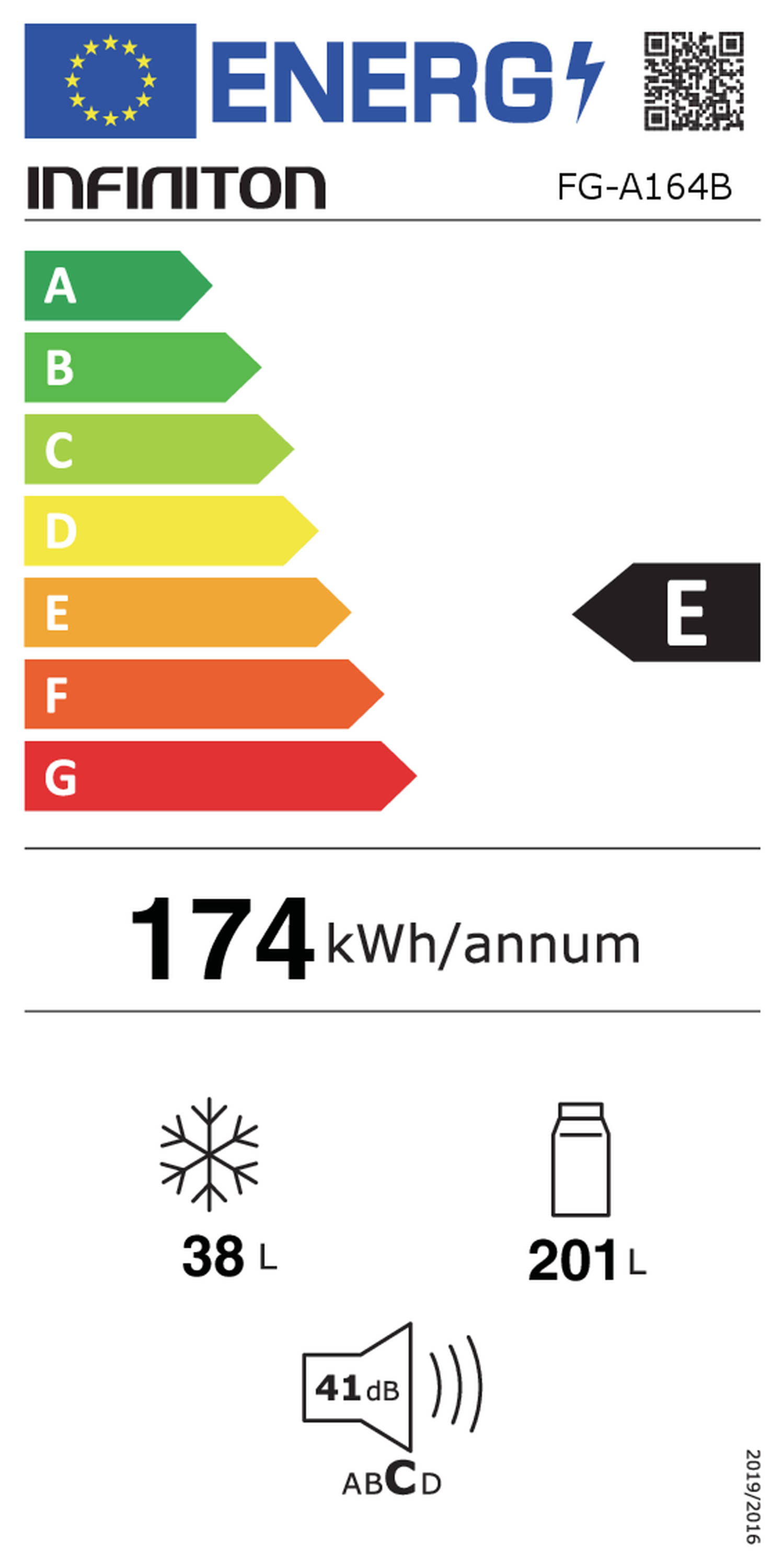 Etiqueta energética con clasificaciones de la A a la G, con una calificación de E. Muestra un consumo de 174 kWh/año.
