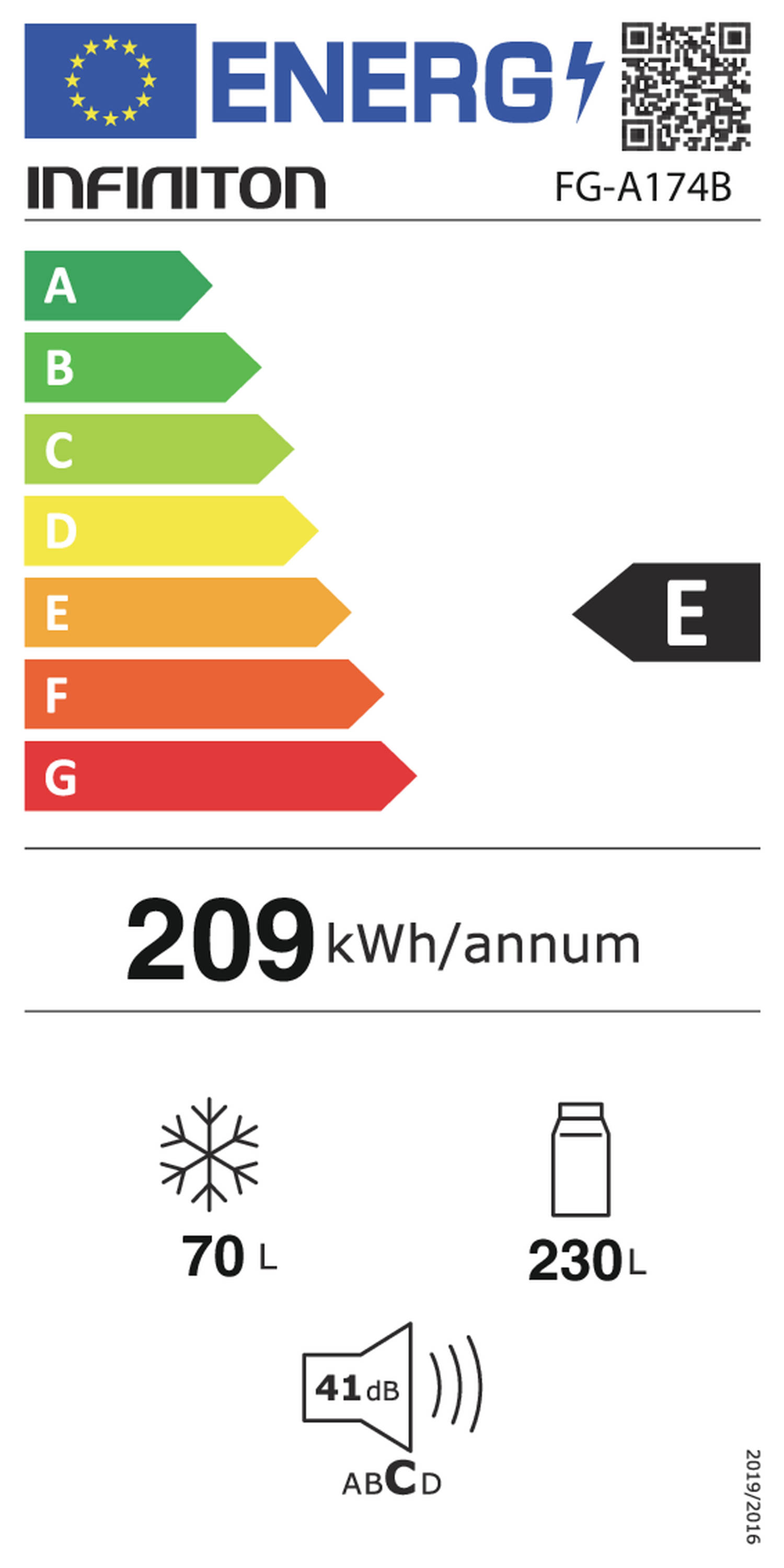 Etiqueta energética de un refrigerador. Muestra la clasificación de eficiencia energética, el uso de kWh y otra información.