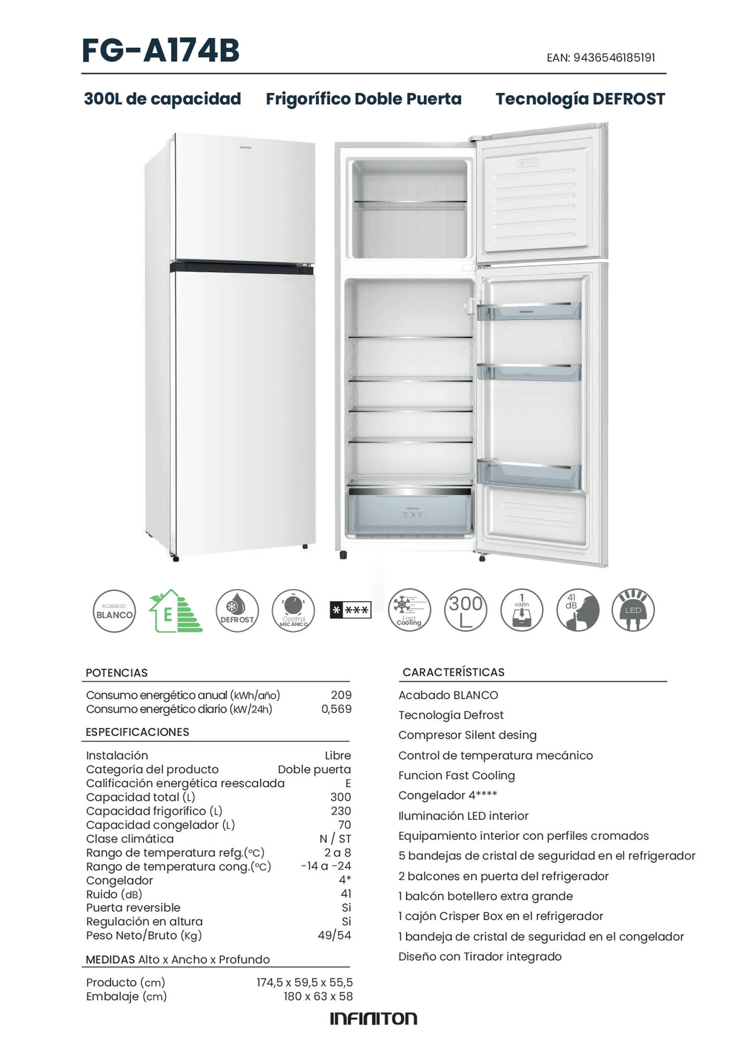 Un frigorífico blanco de doble puerta con detalles, incluidas etiquetas de eficiencia energética e interiores.