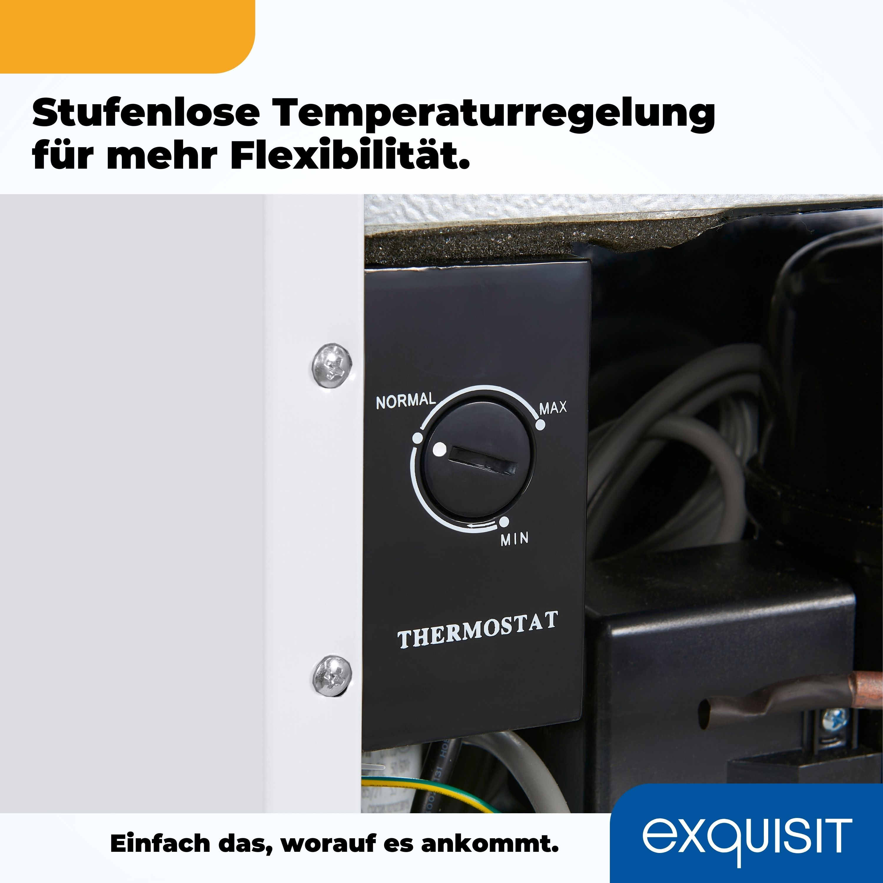 Nahaufnahme eines Thermostat-Bedienfelds mit einem Drehknopf mit der Aufschrift 'Normal' und 'Max'.