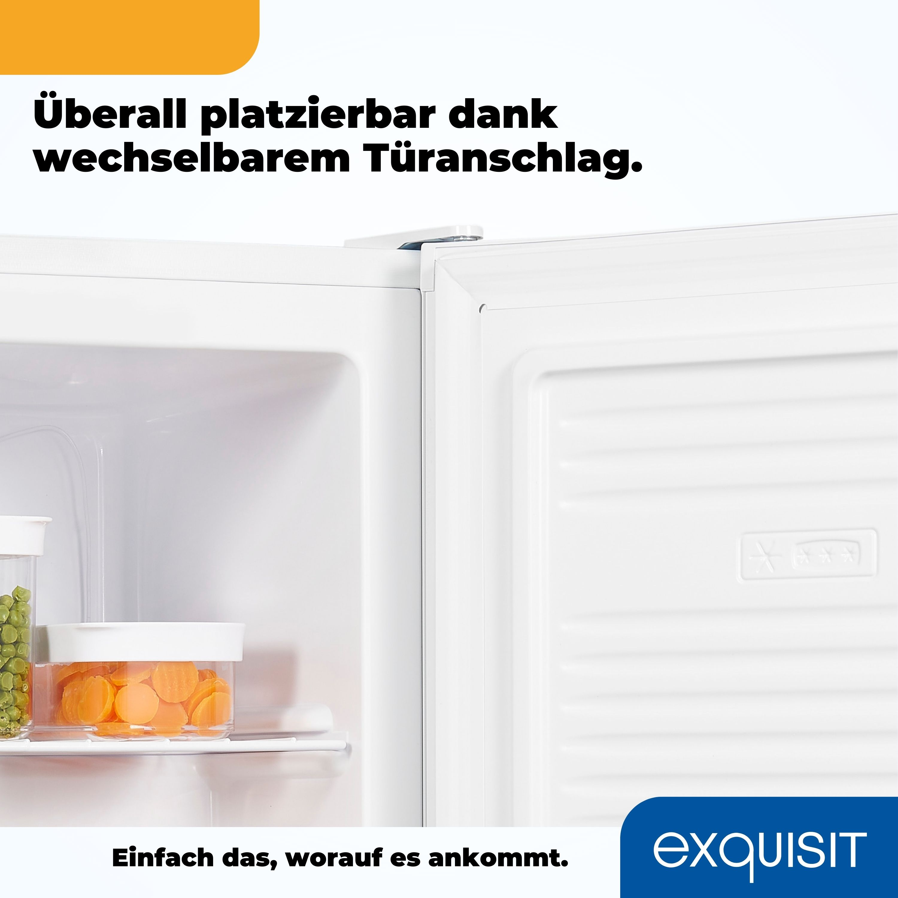Kühlschrankinnenraum mit Gemüse und Karotten in Behältern. Text: flexibler Türanschlag.