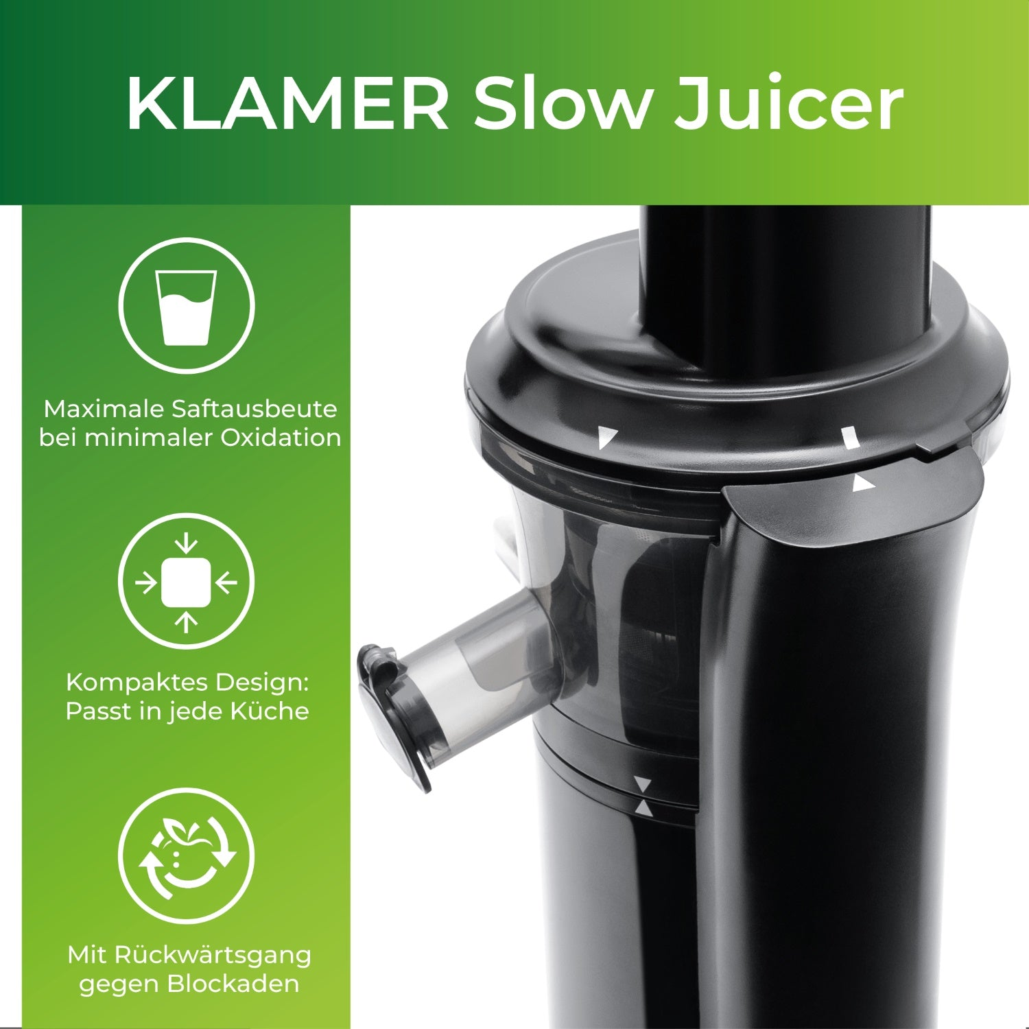Schwarzer Slow Juicer mit Text und Grafiken auf grünem Hintergrund.