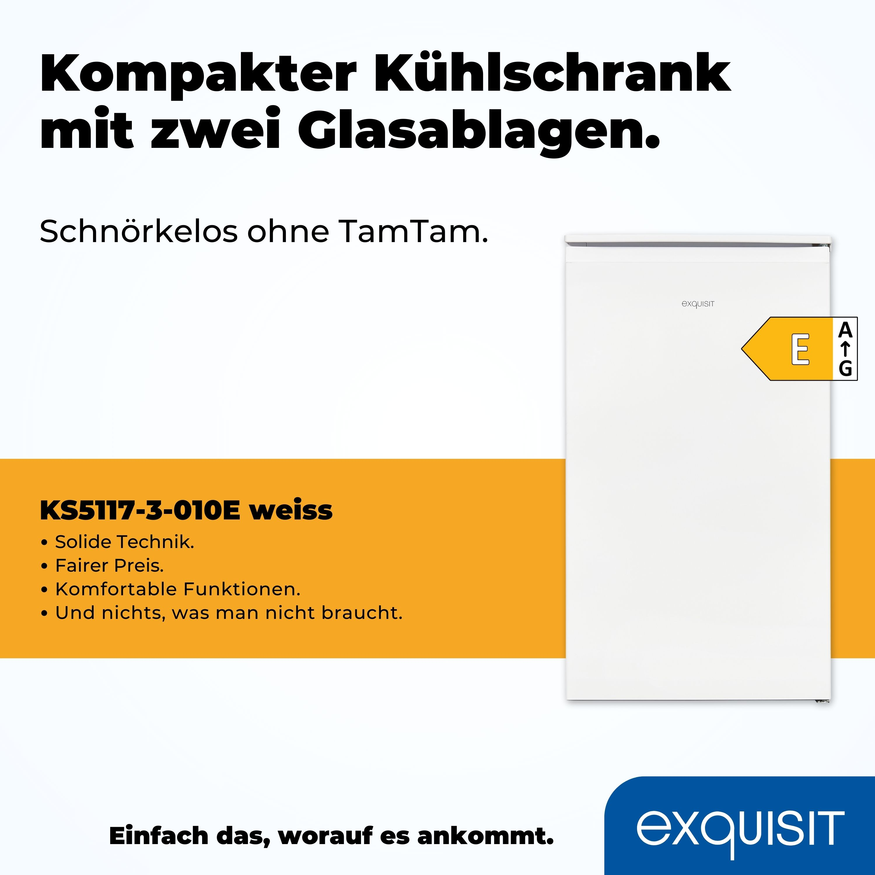 Weißer Kühlschrank mit Energielabel und Text zum Produkt.