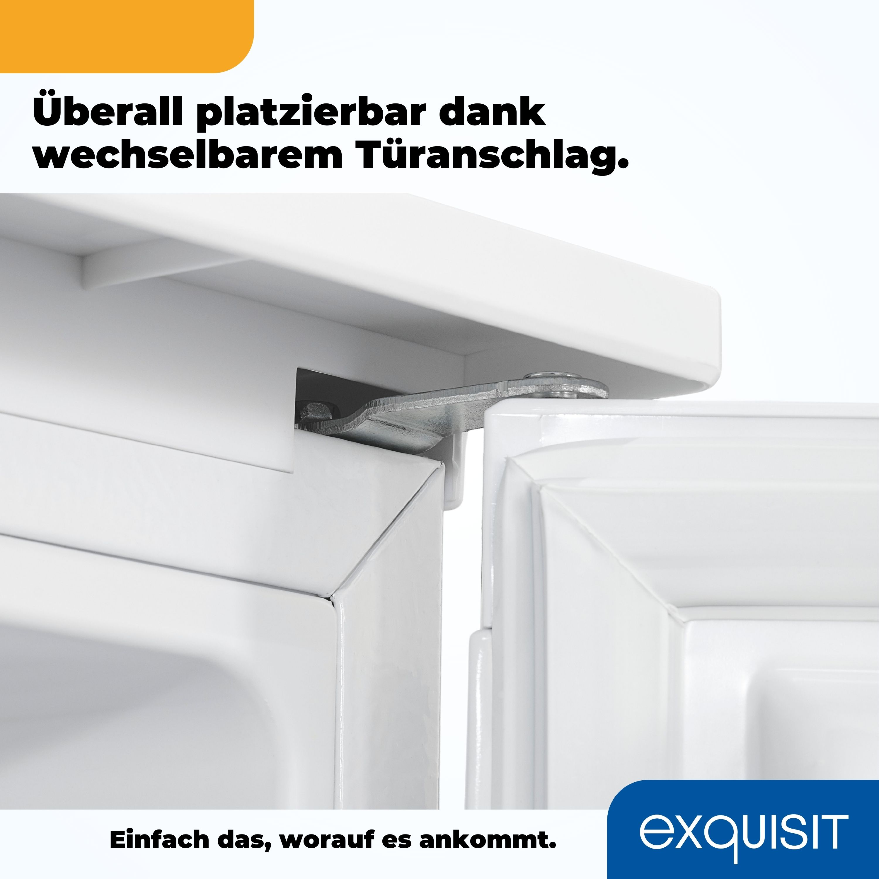 Scharnier der weißen Kühlschranktür. Weiße Tür offen. Gelbes Banner oben.