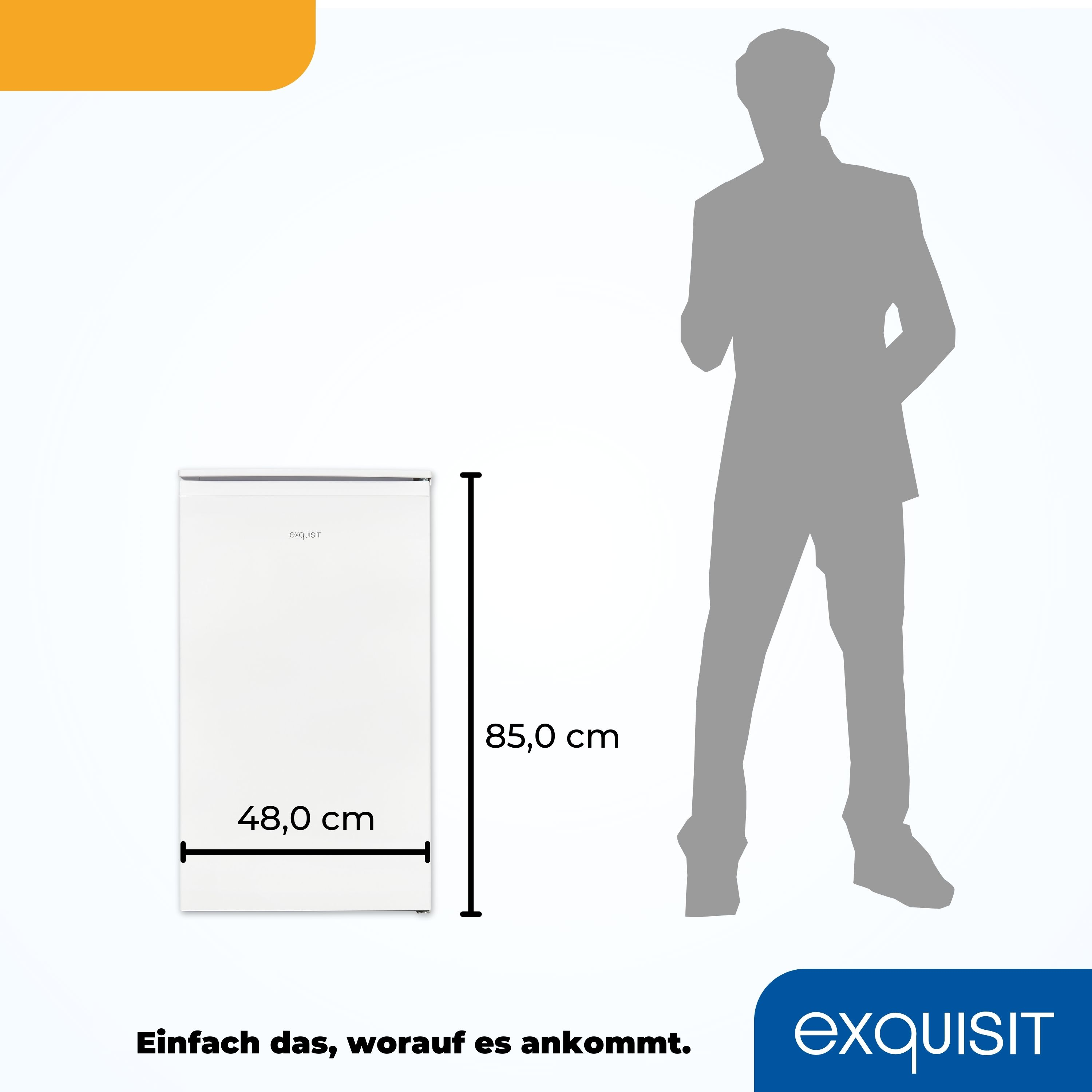 Weißer Kühlschrank, 48cm x 85cm. Silhouette einer Person steht daneben.
