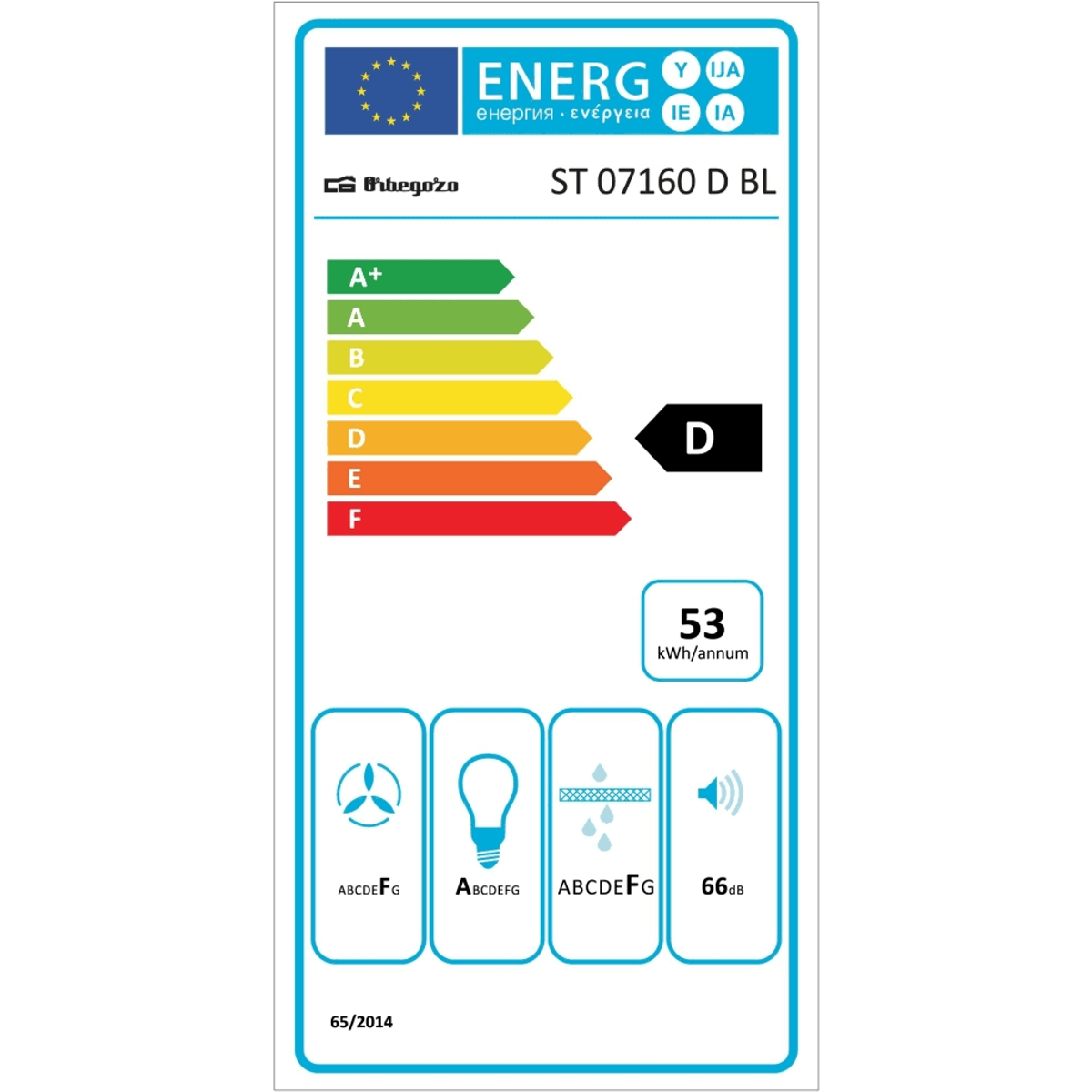 Etichetta energetica. Classe energetica D. Valori per suono, lampadina e ventola.