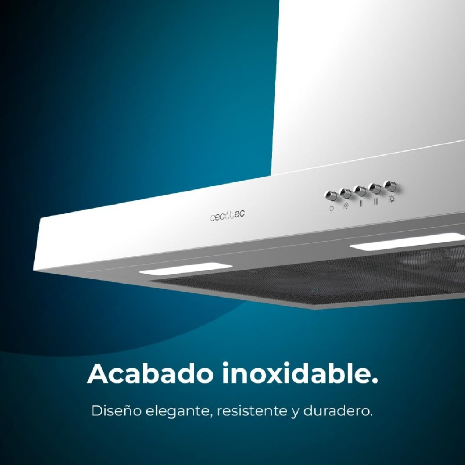 Una campana extractora blanca de acero inoxidable con botones y ventilación, sobre fondo azul.