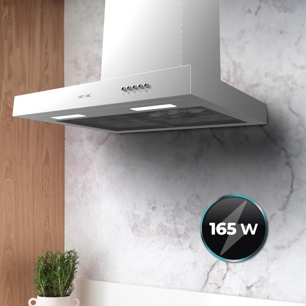 Una campana extractora blanca con fondo de mármol y un icono de energía. La potencia es de 165W.