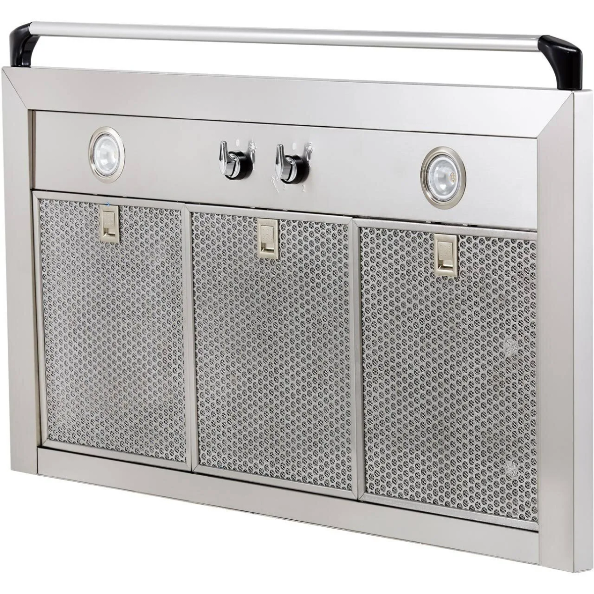 Una campana extractora de acero inoxidable con luces y controles.