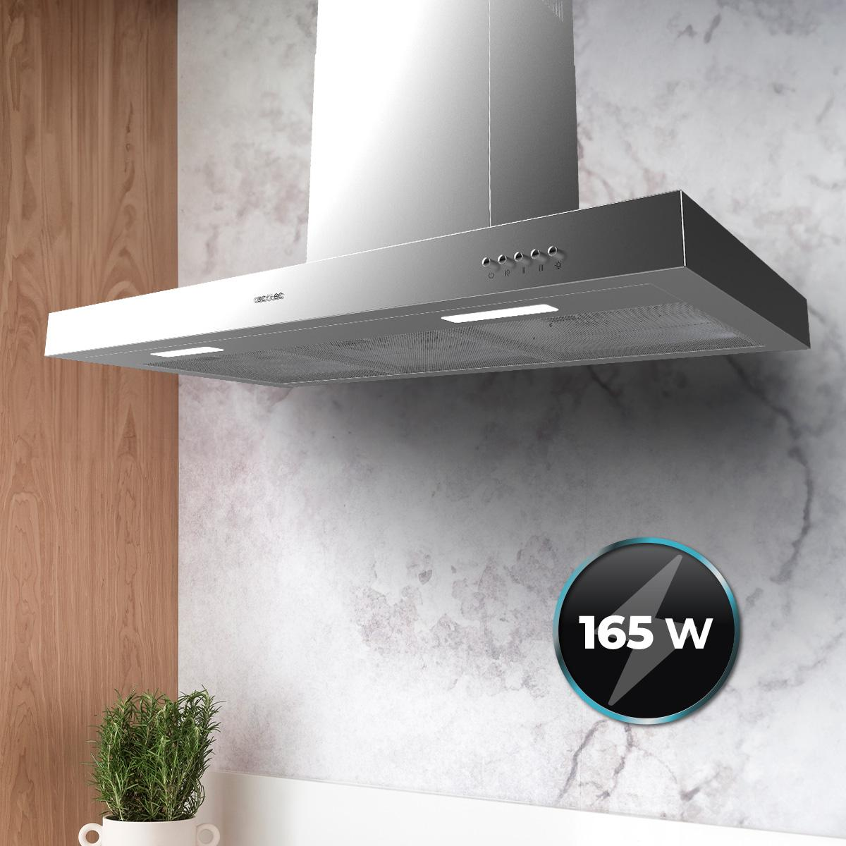 Campana extractora de acero inoxidable con luces sobre pared de mármol gris. Un icono de 165W.