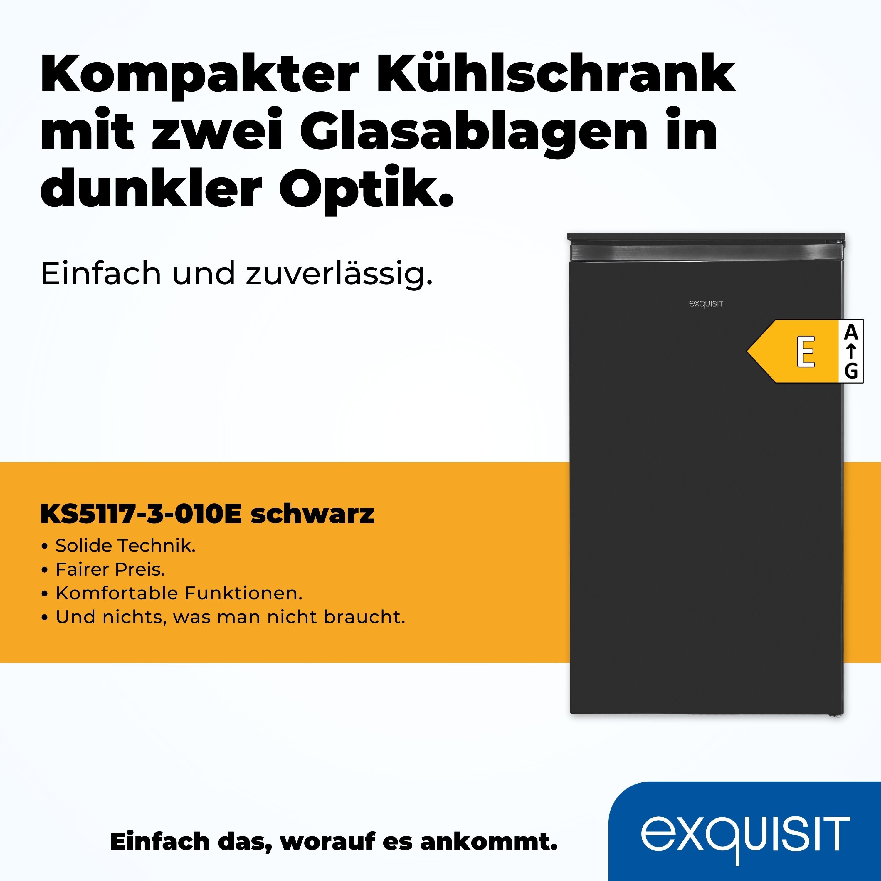 Ein schwarzer Kühlschrank mit zwei Glasablagen steht auf orangefarbenem Hintergrund. Text über den Kühlschrank ist sichtbar.