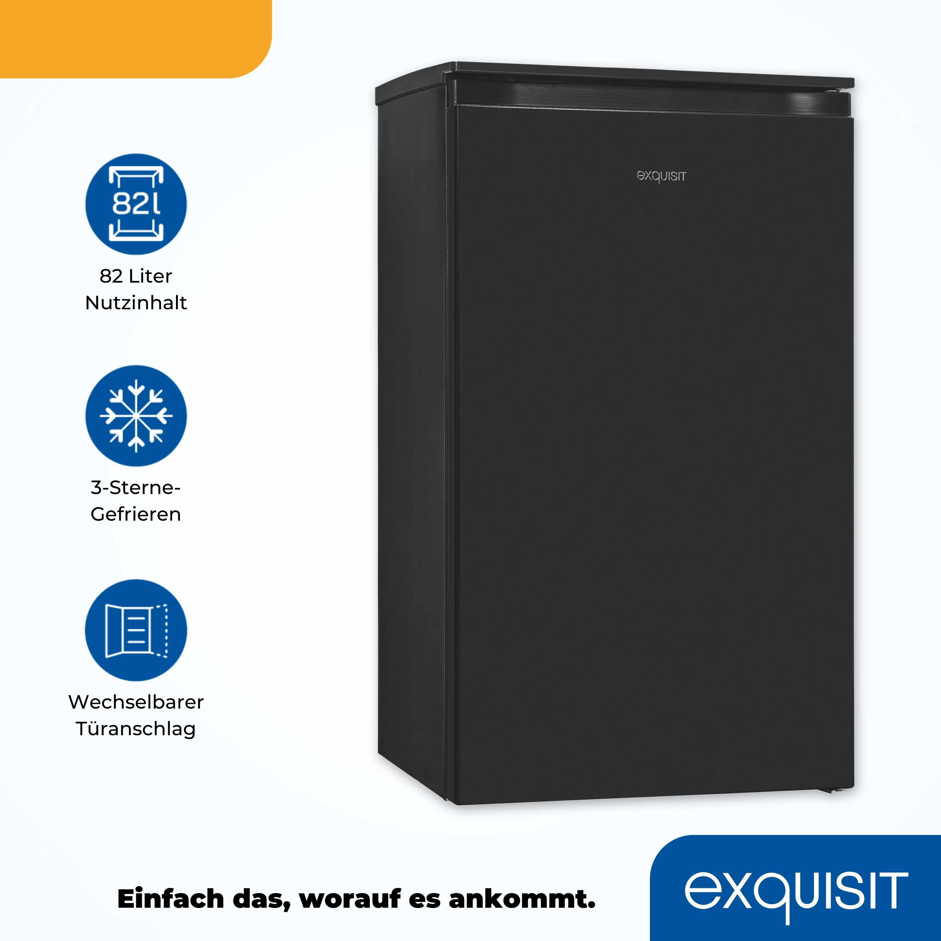 Schwarzer Mini-Kühlschrank mit Text und Symbolen, schräg auf weißer Oberfläche.