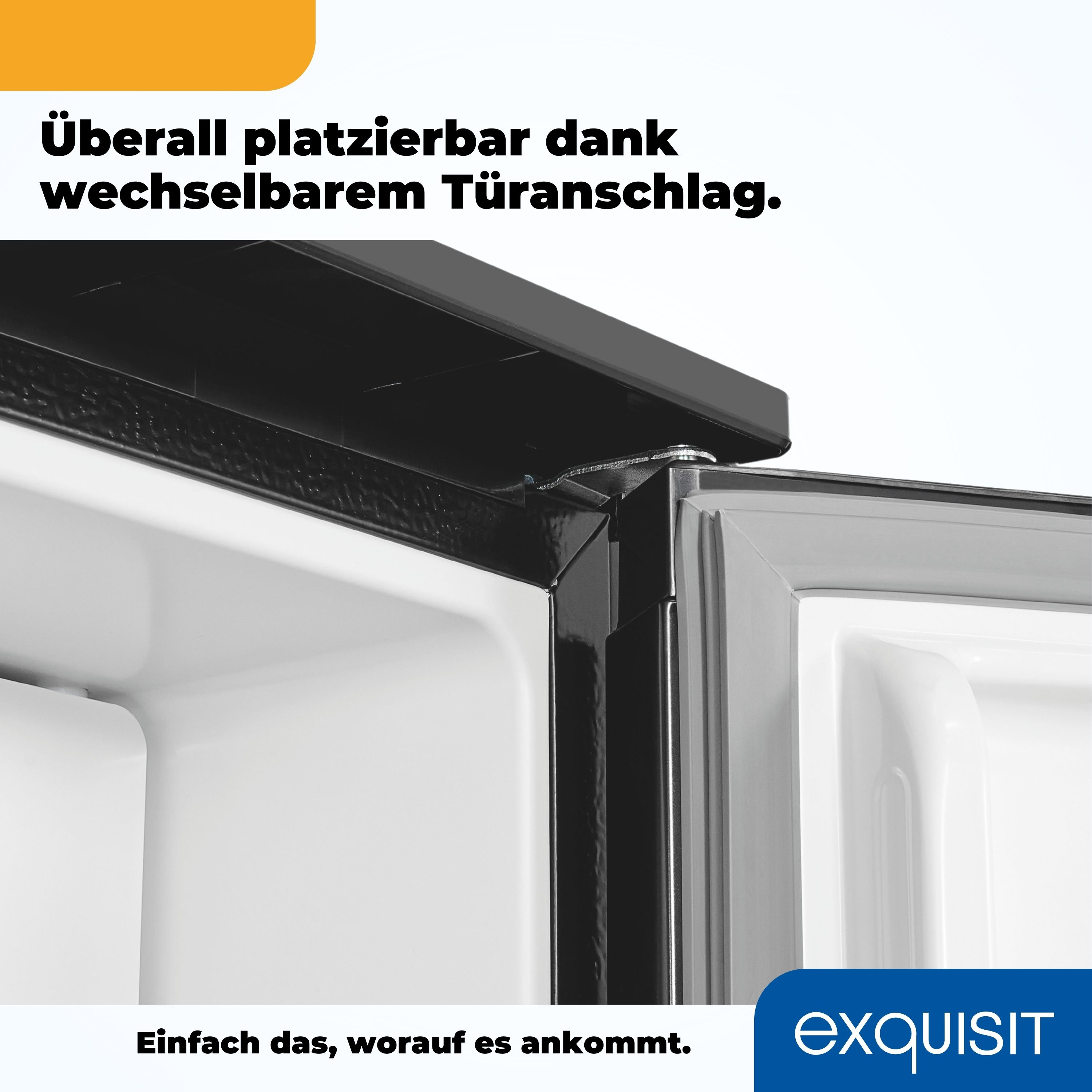 Schwarze Kühlschranktür, offen, zeigt weißen Innenraum. Text: 'Überall platzierbar dank wechselbarem Türanschlag'.