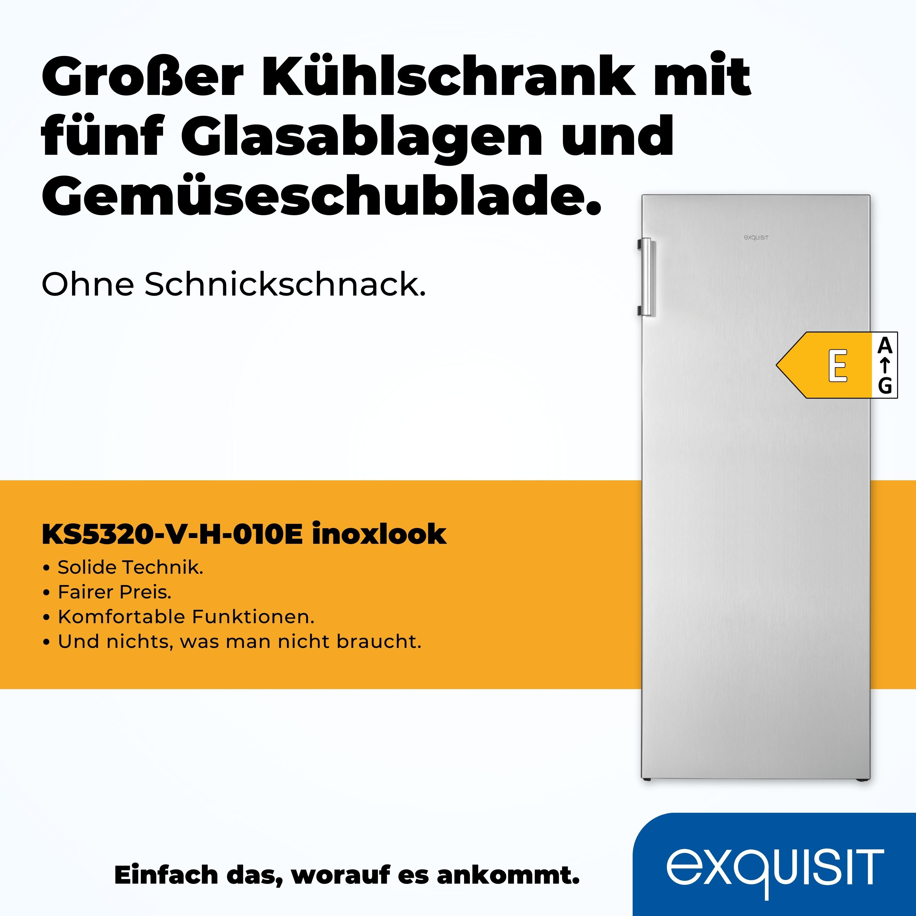Silberner Kühlschrank mit Griff, Energielabel und Text auf Deutsch.