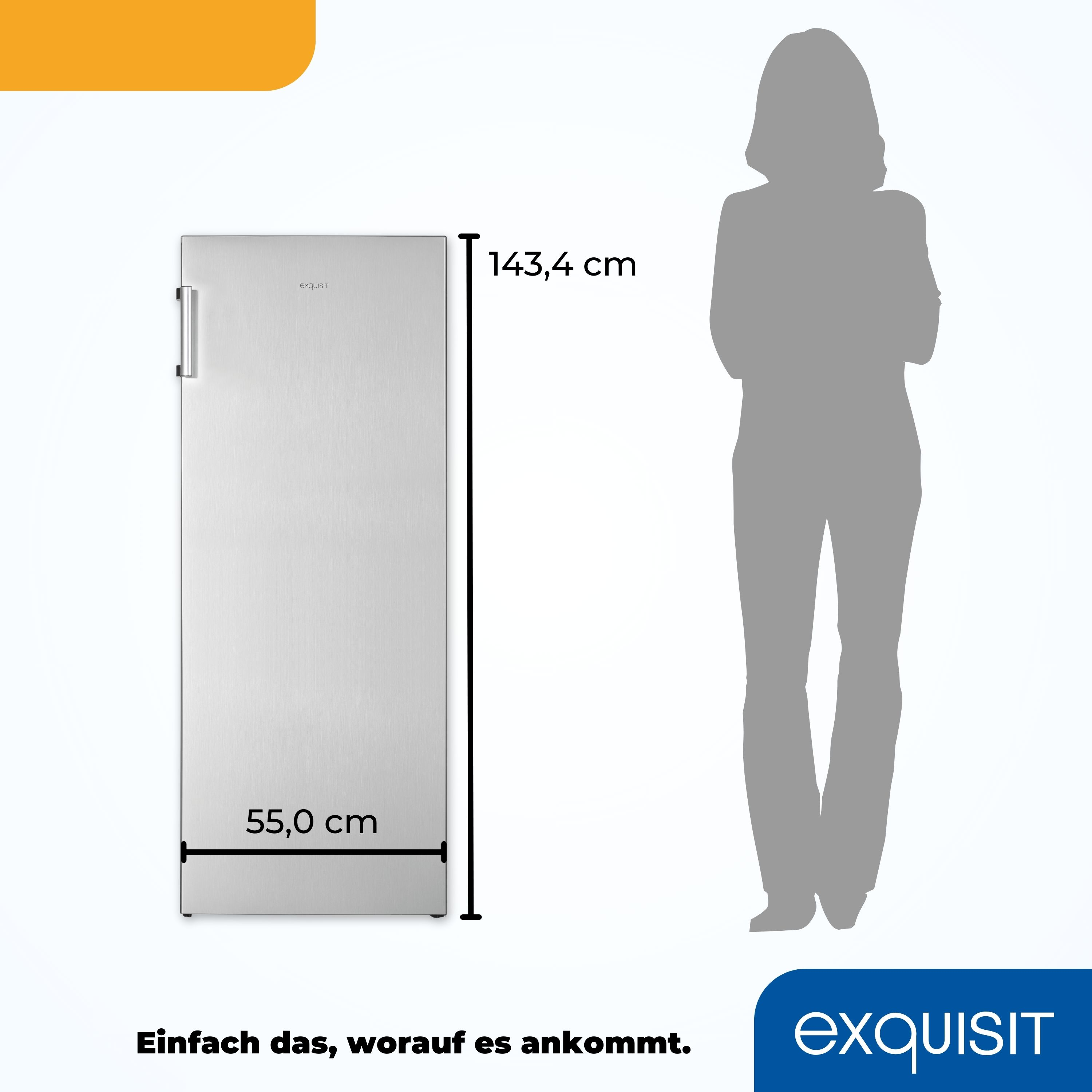 Ein hoher, silberner Kühlschrank mit Maßen und eine graue Silhouett von einer Person zum Maßstab.