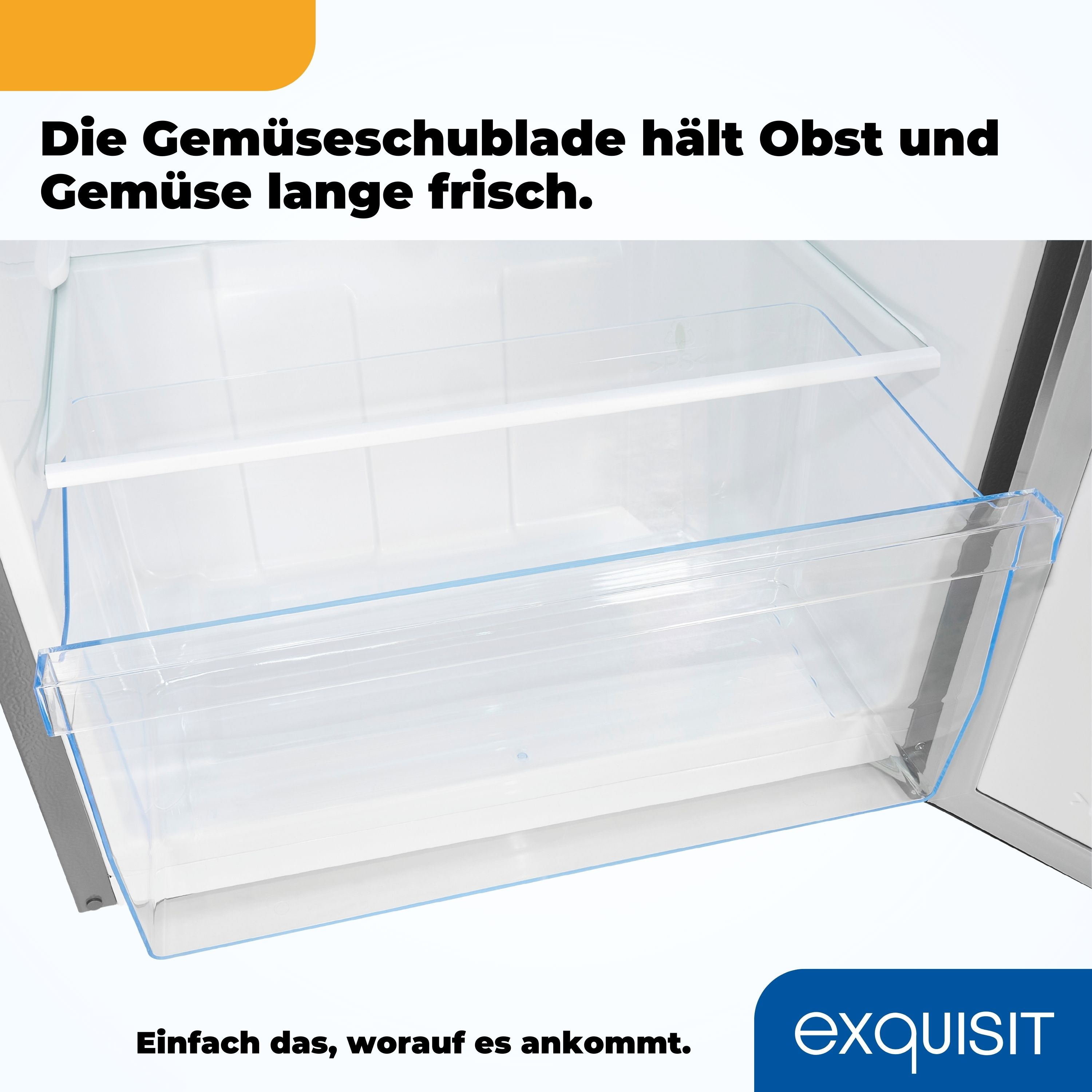 Das Innere eines Kühlschranks mit zwei durchsichtigen Schubladen. Die obere Schublade ist geöffnet.