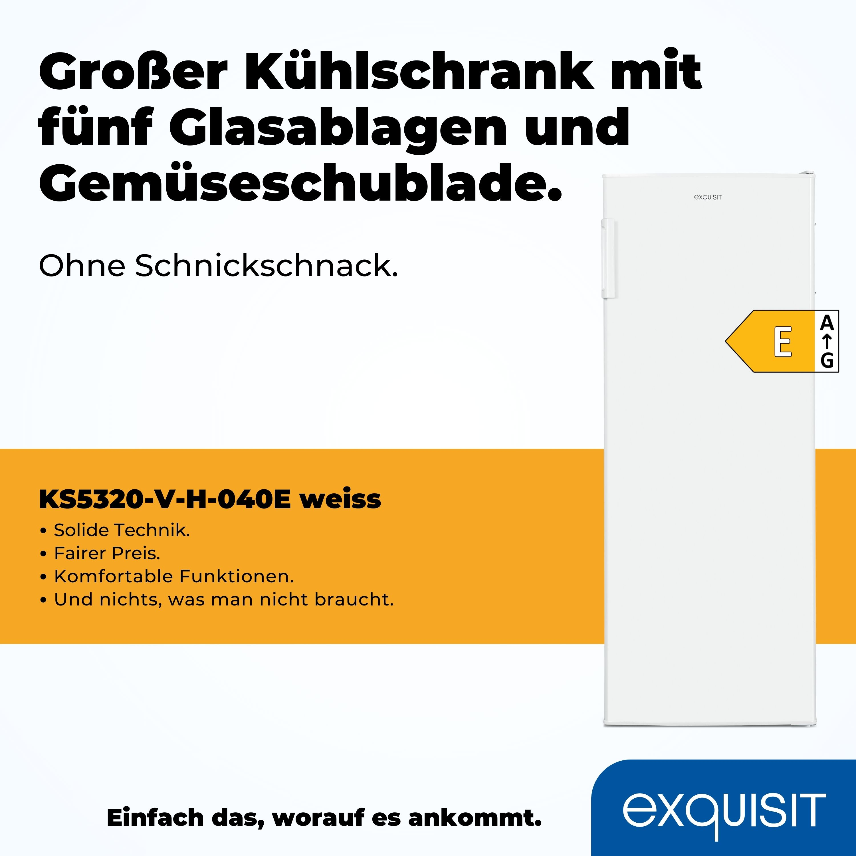 Weißer Kühlschrank mit fünf Glasböden und einem Gemüseschublade. Text auf Deutsch.