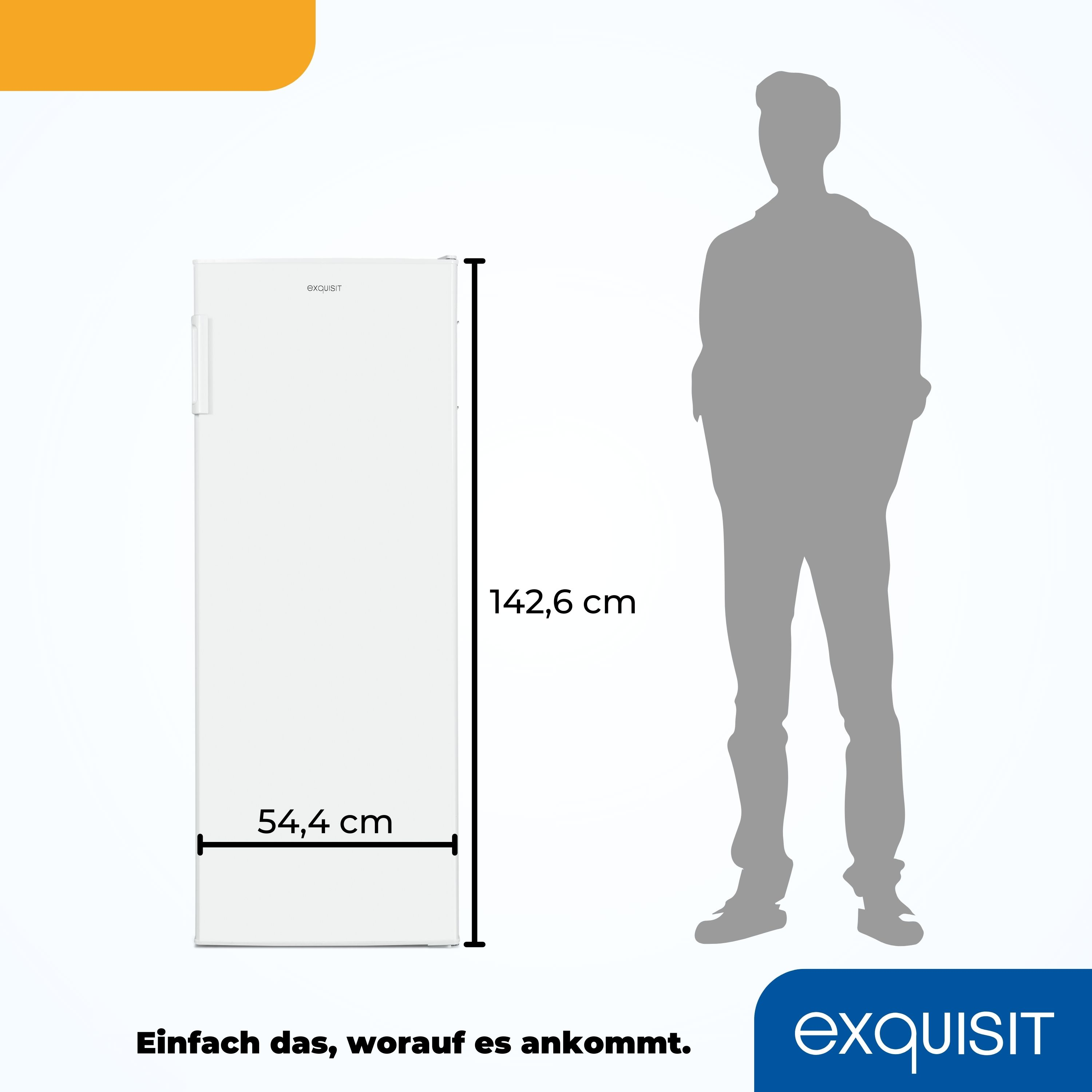 Ein weißer Kühlschrank mit Maßangaben und Personensilhouette.