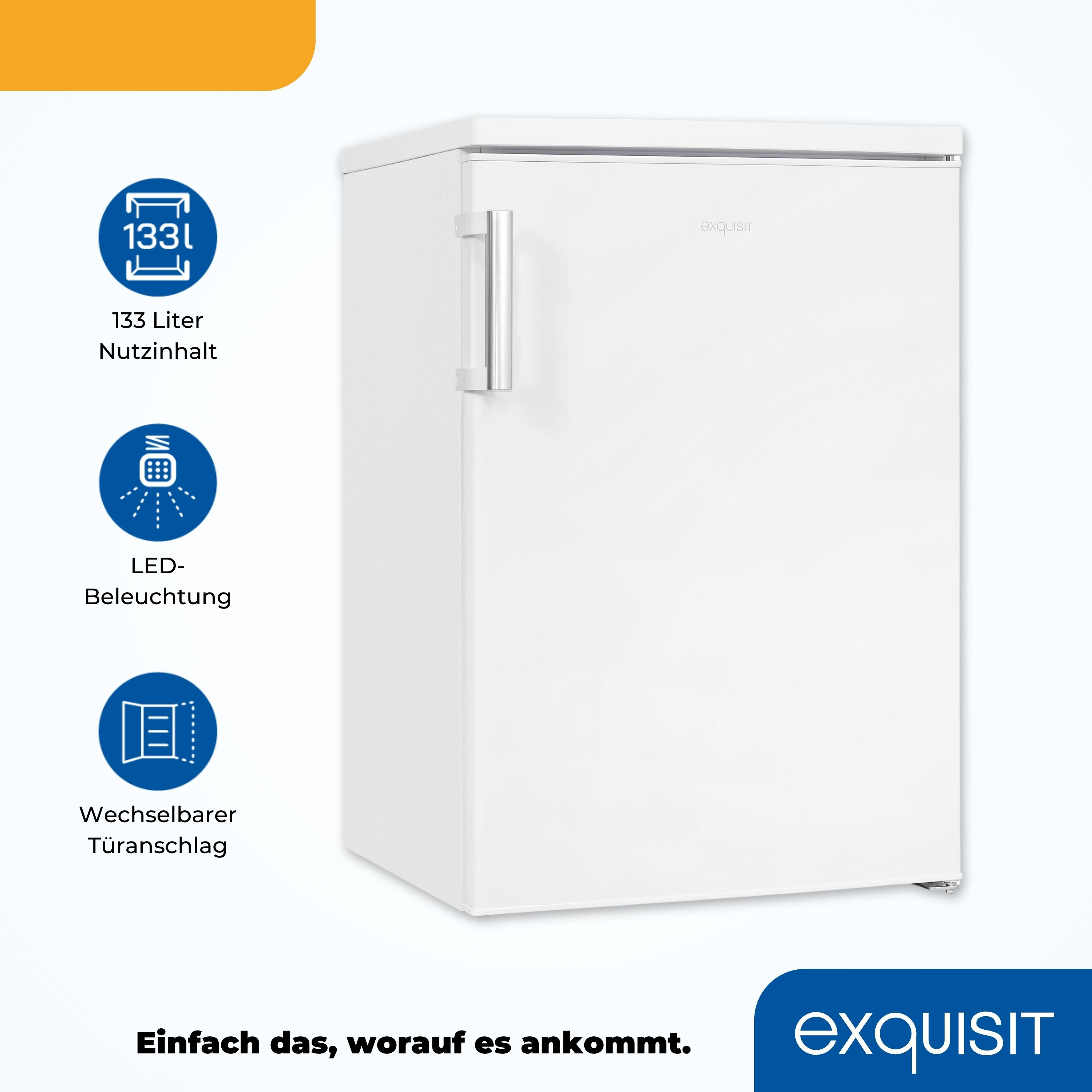 Weißer Kühlschrank mit 133L Fassungsvermögen. Mit LED-Beleuchtung und wechselbarer Tür. Text: Einfach das, worauf es ankommt.