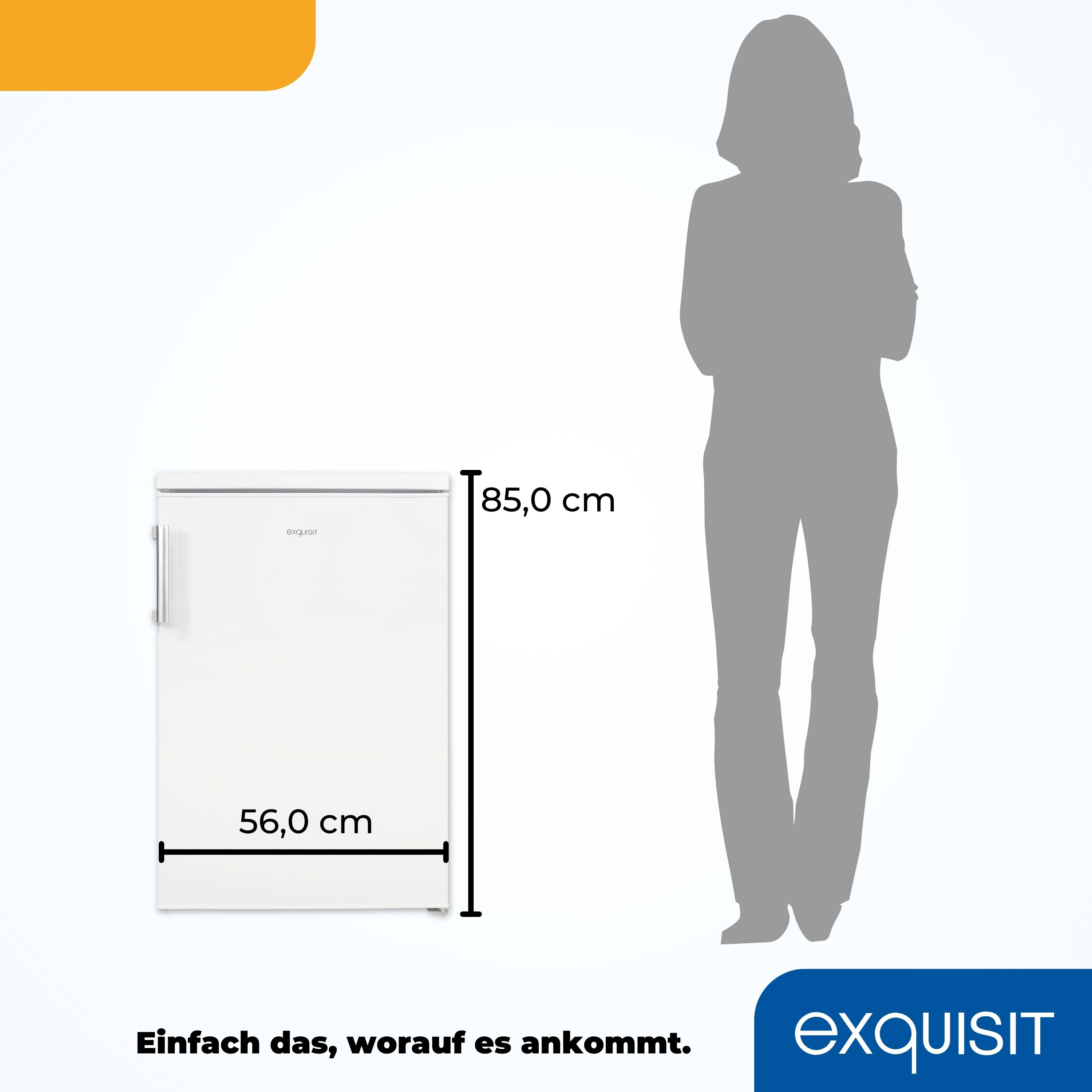 Weißer Kühlschrank mit Maßen und einer Personensilhouette, auf blauem Hintergrund.