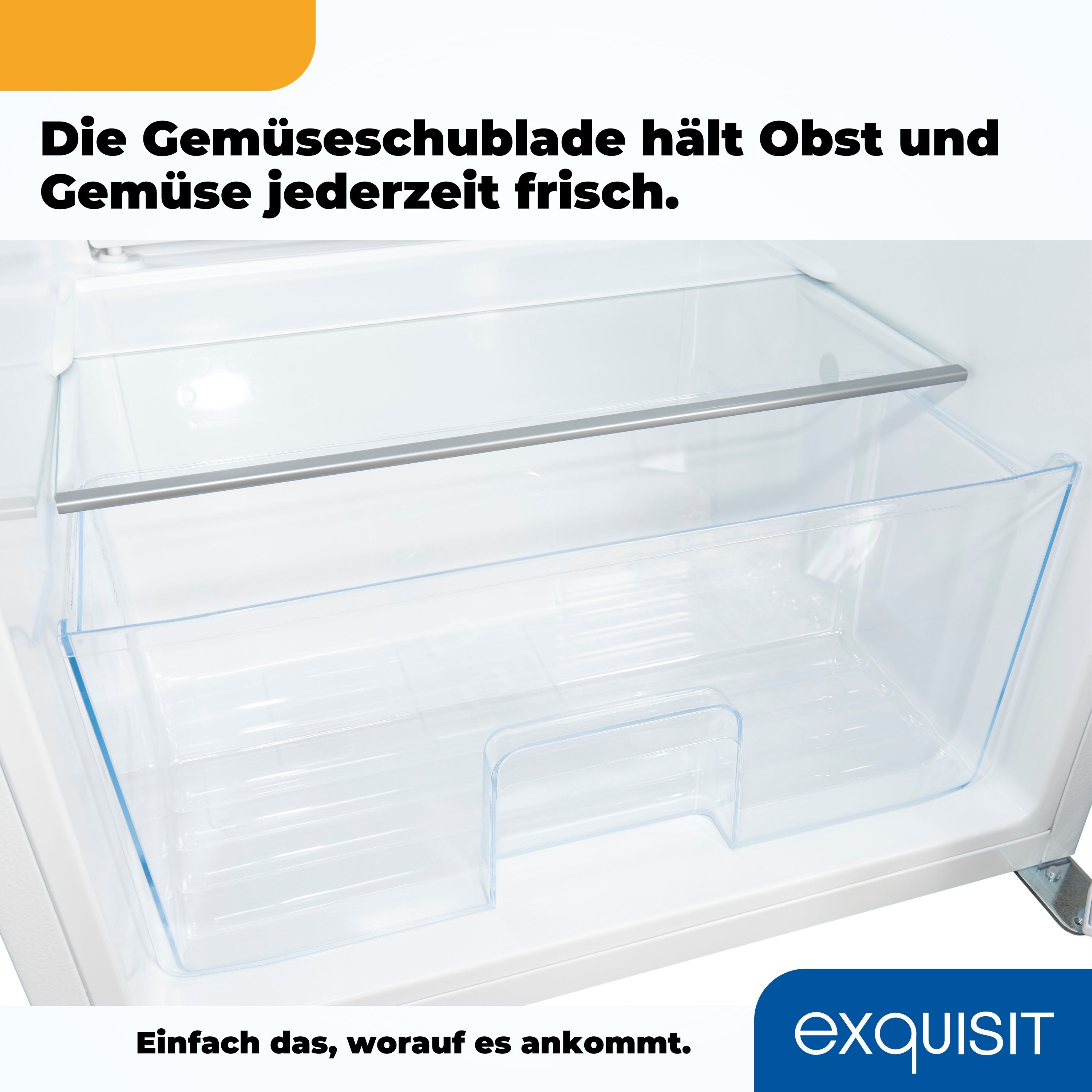 In einem Kühlschrank ist eine transparente Gemüseschublade zu sehen. Die Schublade ist leer und sauber.