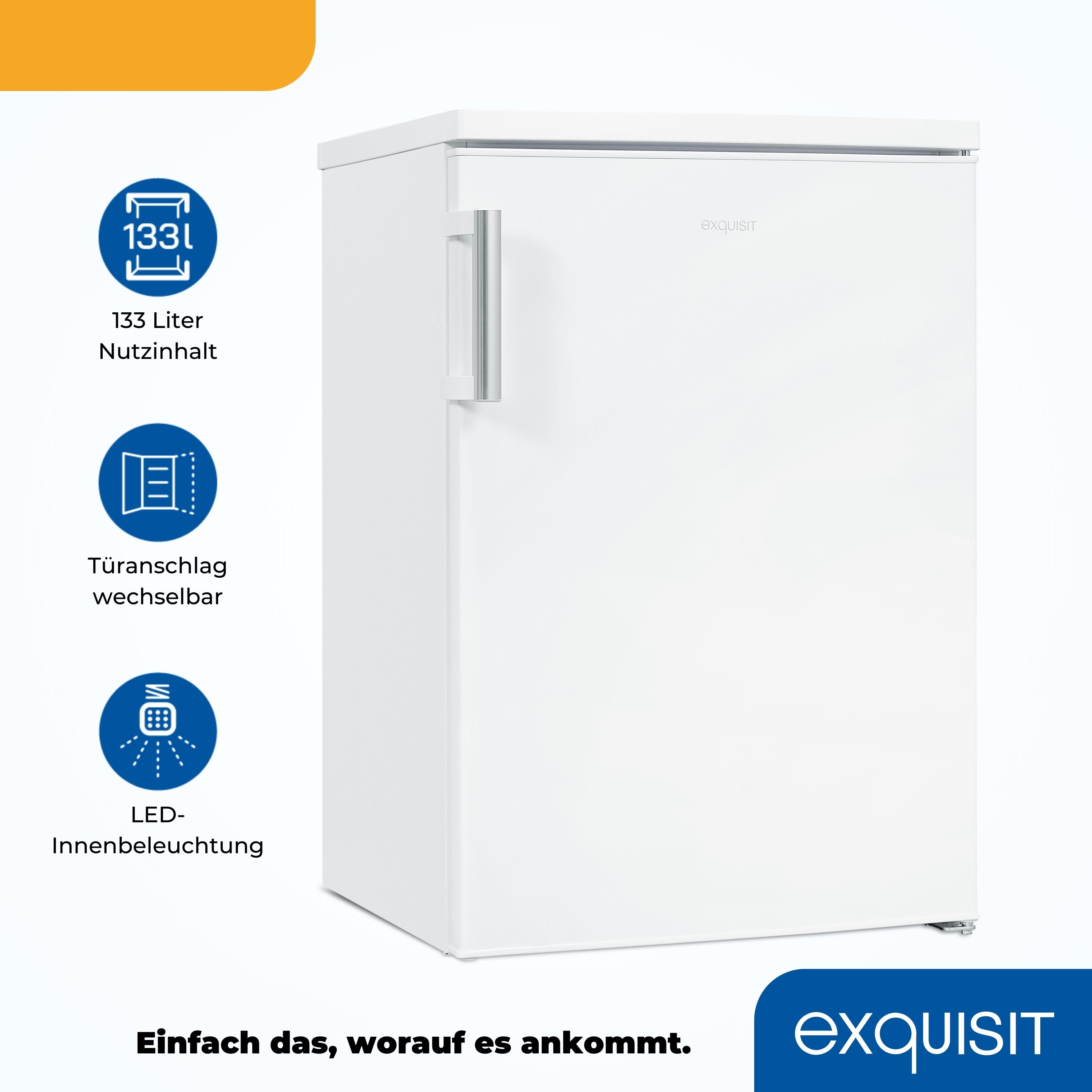 Weißer Kühlschrank mit Tür. 133l Fassungsvermögen und LED-Innenbeleuchtung.