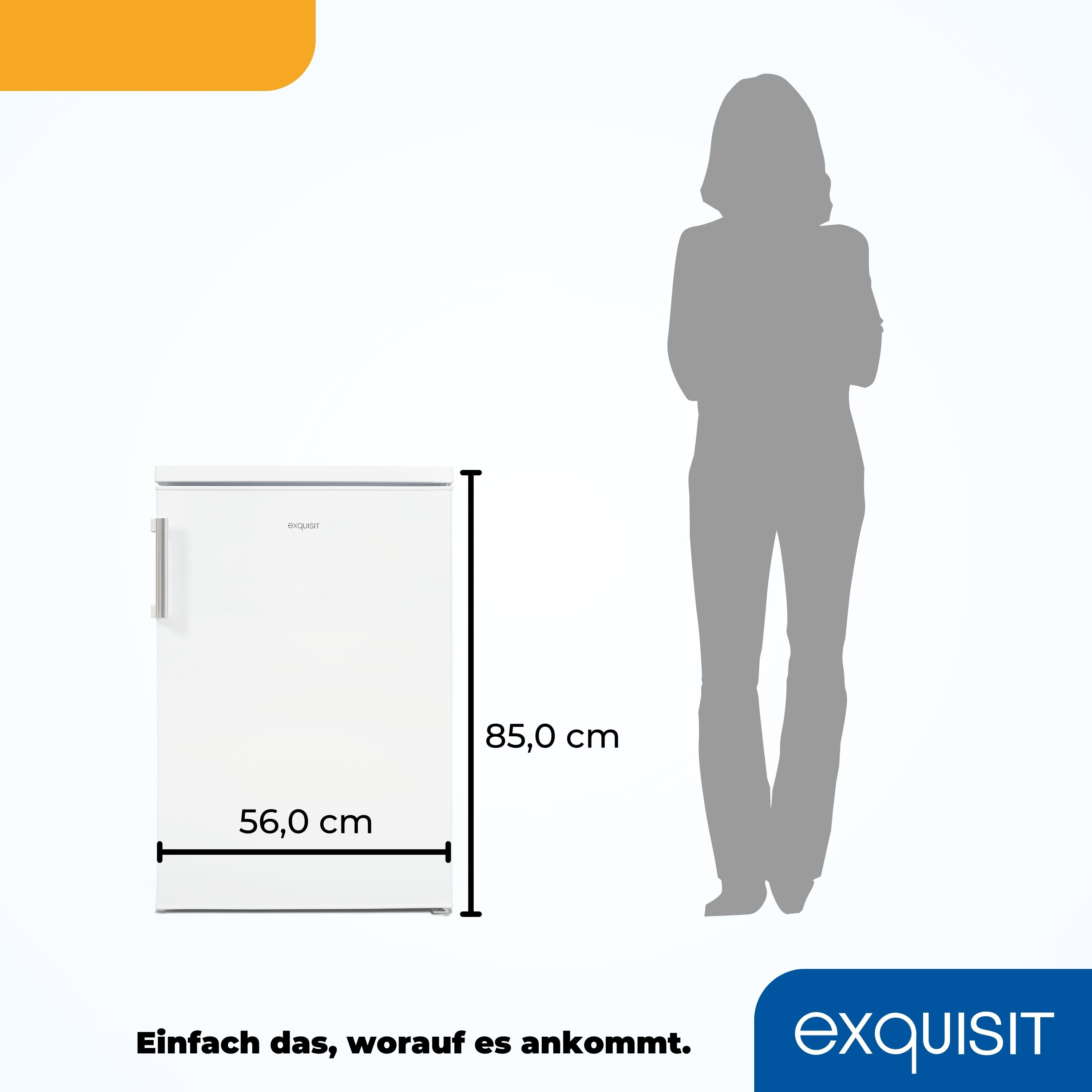 Weißer Kühlschrank mit silbernem Griff, neben einer silhouettierten Person. Maße sind 56x85 cm.
