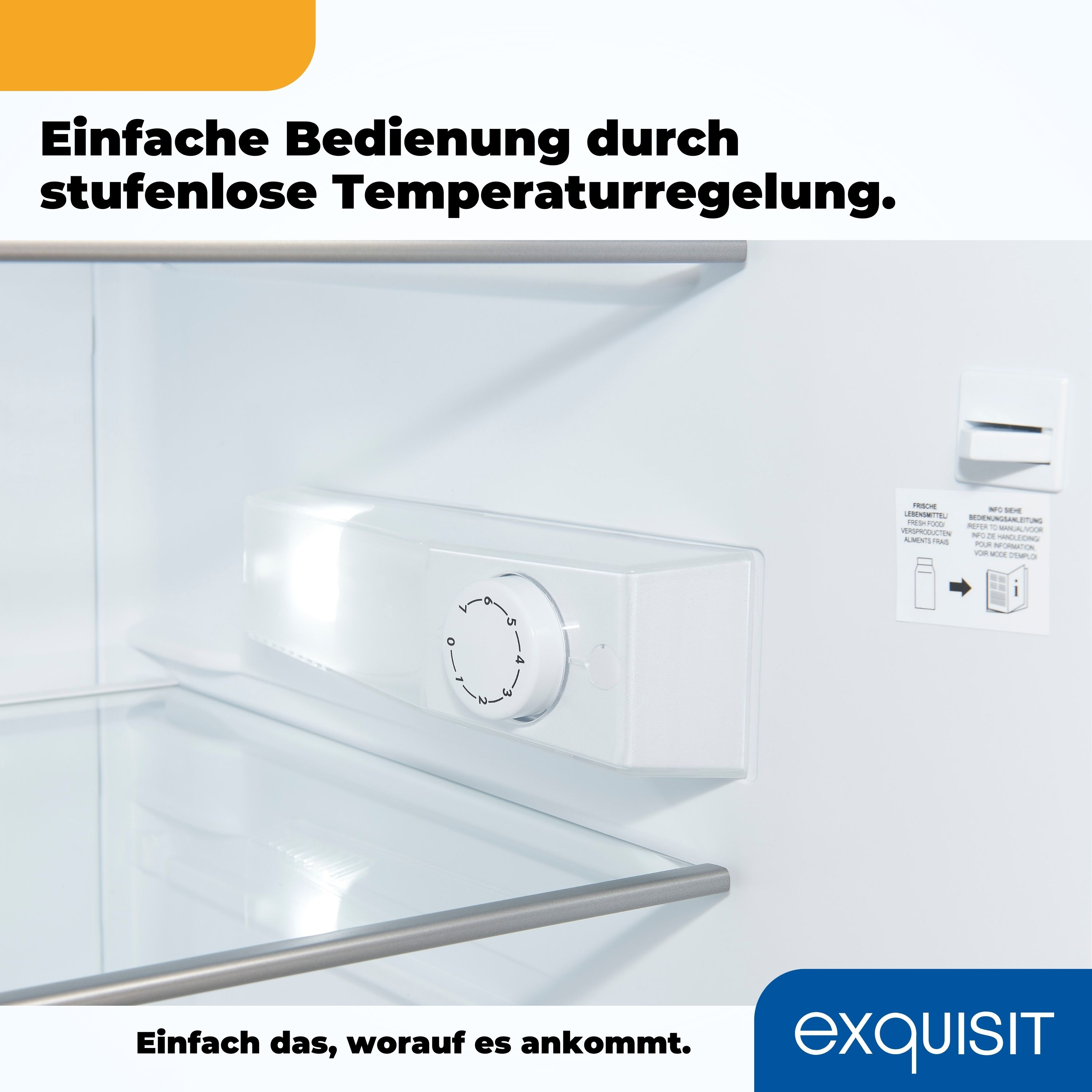Innenraum eines Kühlschranks mit weißem Drehregler. Der Text oben lautet: 'Einfache Bedienung durch stufenlose Temperaturregelung.'
