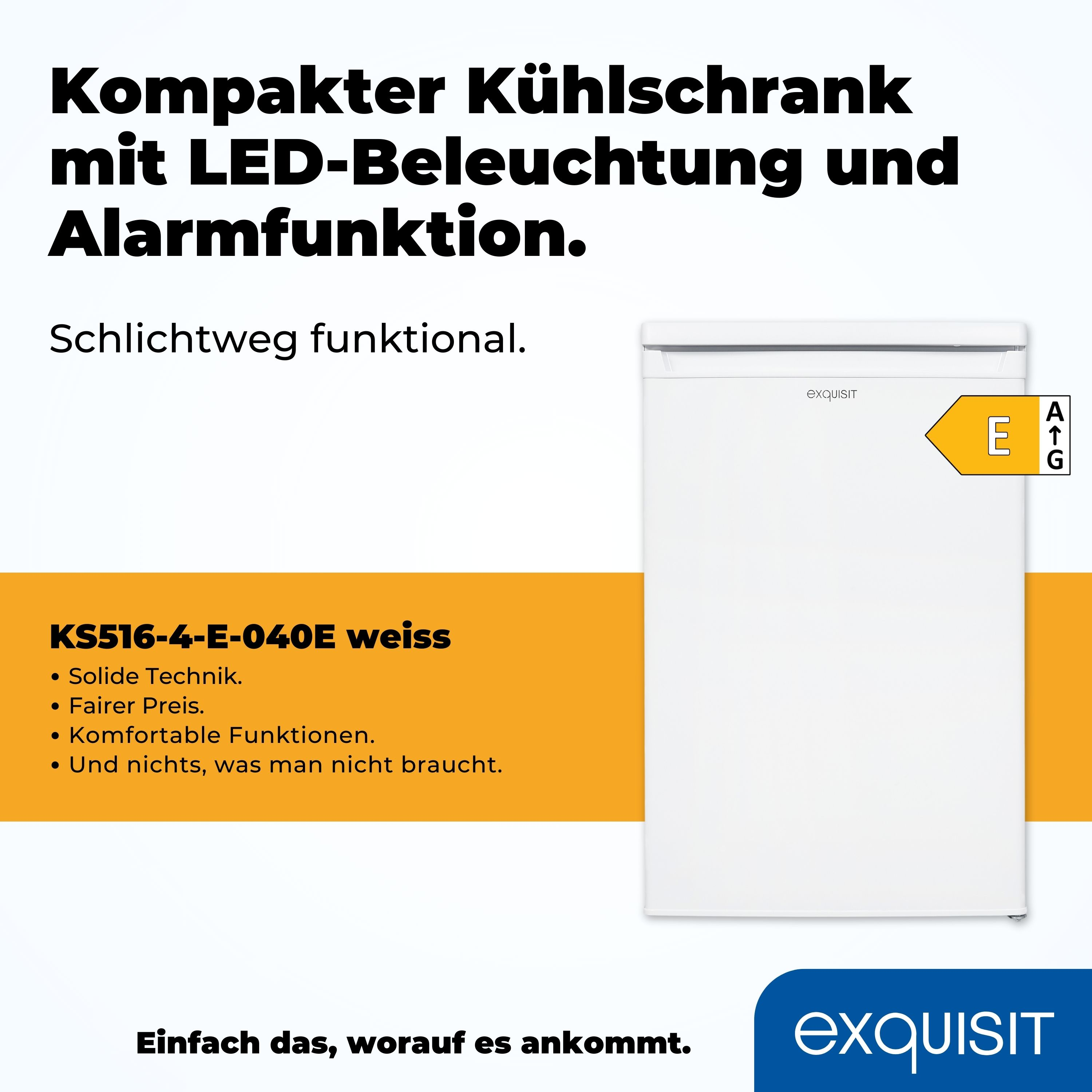 Ein weißer Kühlschrank mit Text und einem Energieeffizienzlabel. Der Text ist auf Deutsch.