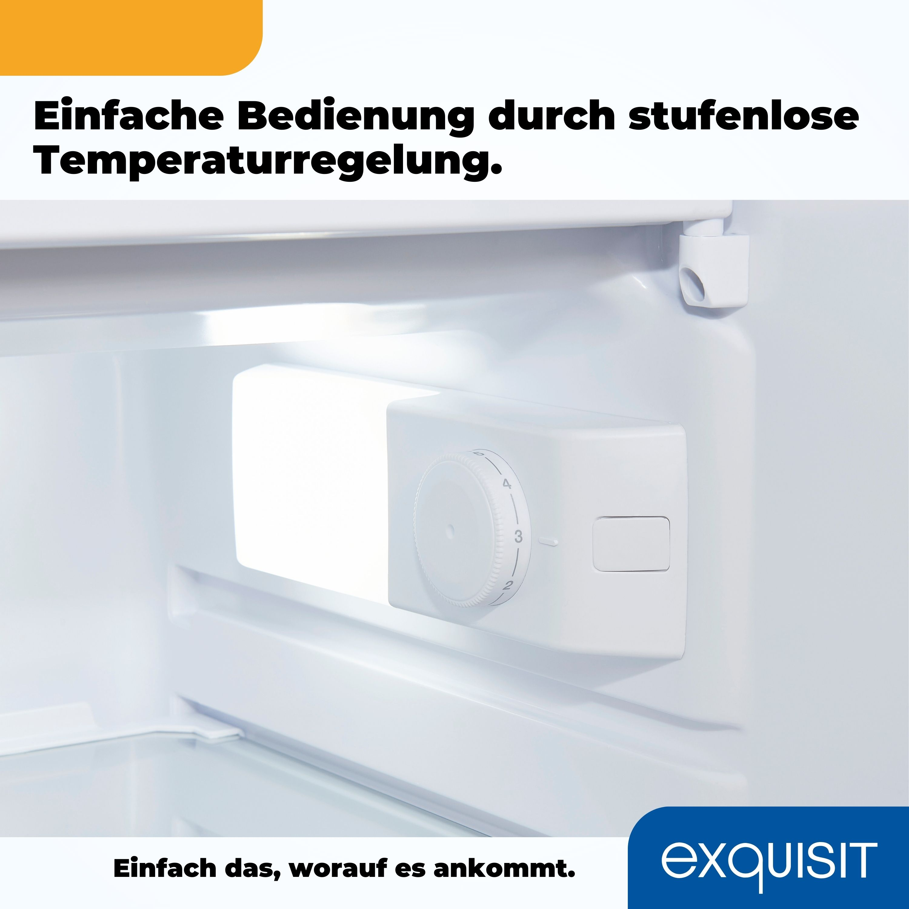 Ein weißer Kühlschrankinnenraum mit weißem Bedienfeld. Es gibt einen Drehregler mit Zahlen.