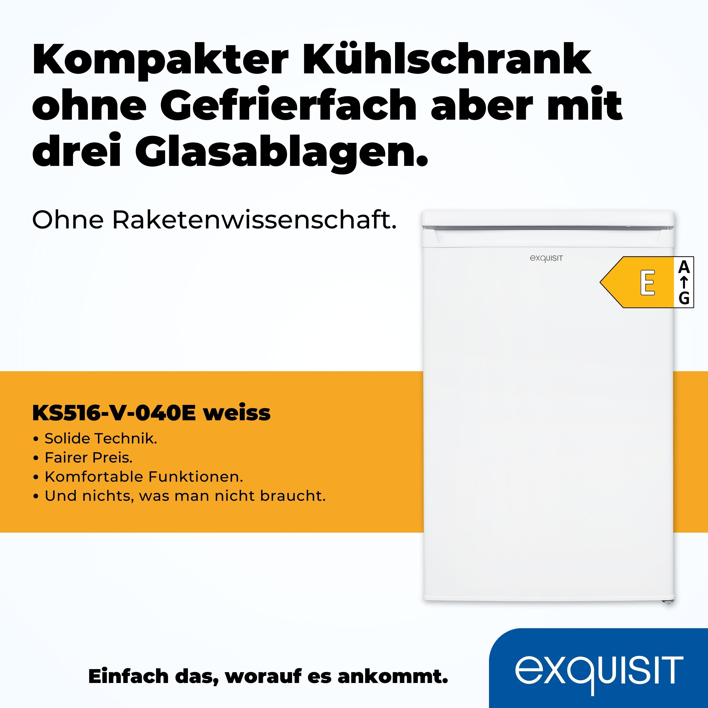 Ein kleiner weißer Kühlschrank mit Energielabel. Text: Kompakter Kühlschrank ohne Gefrierfach.
