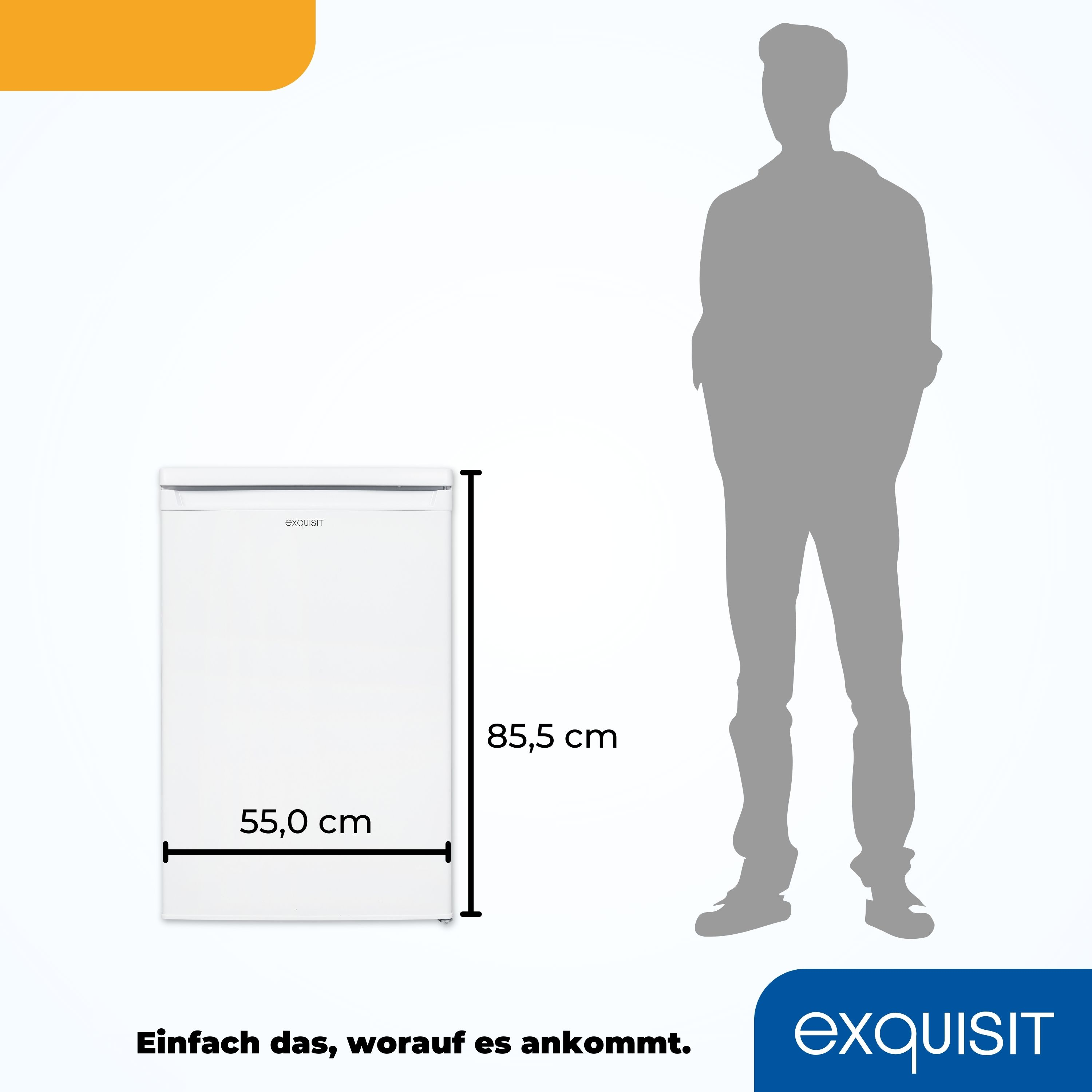 Ein weißer Kühlschrank mit Abmessungen neben einer Personensilhouette.