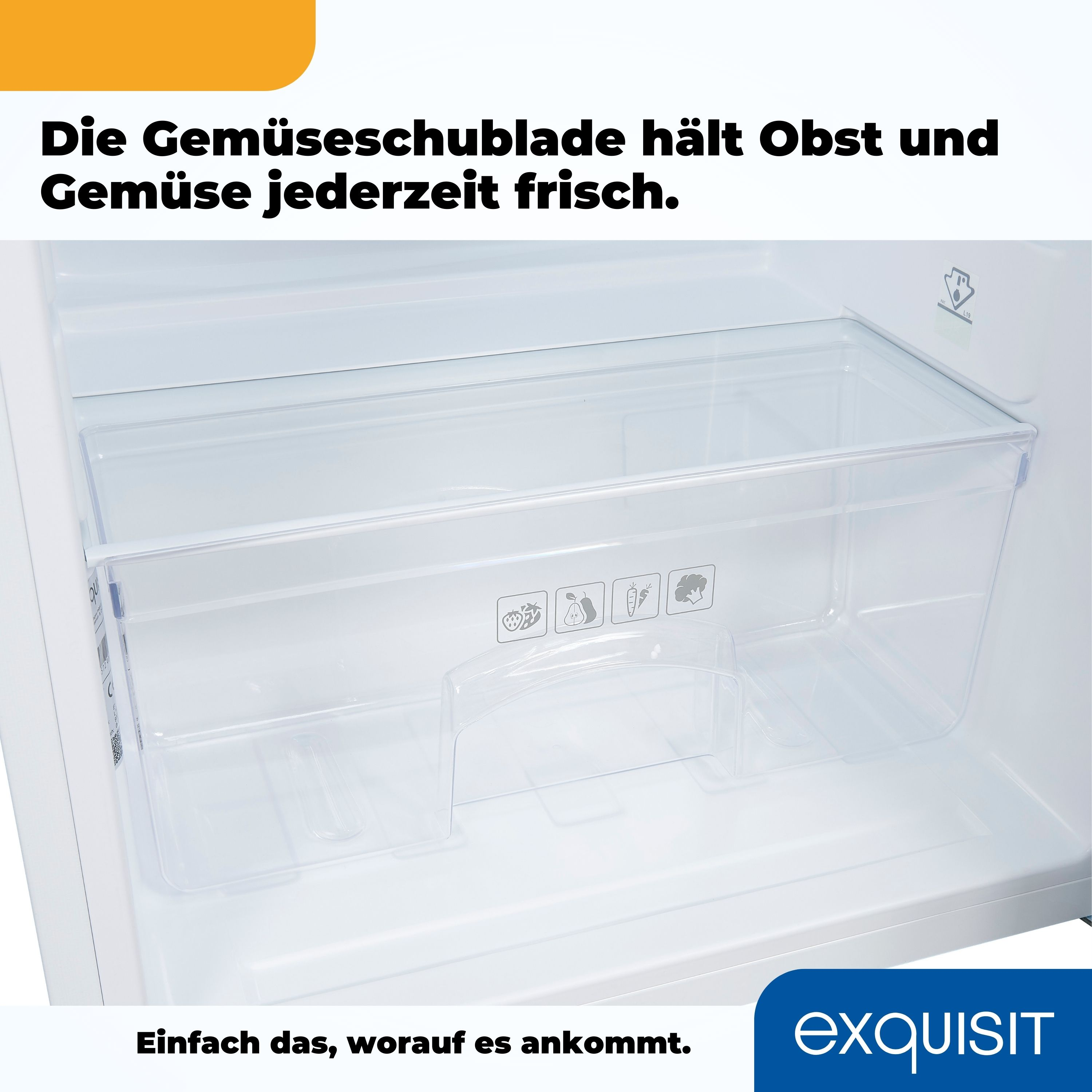 Klare Kühlschublade mit Gemüse-Symbolen. Hintergrund ist ein weißer Kühlschrankinnenraum.