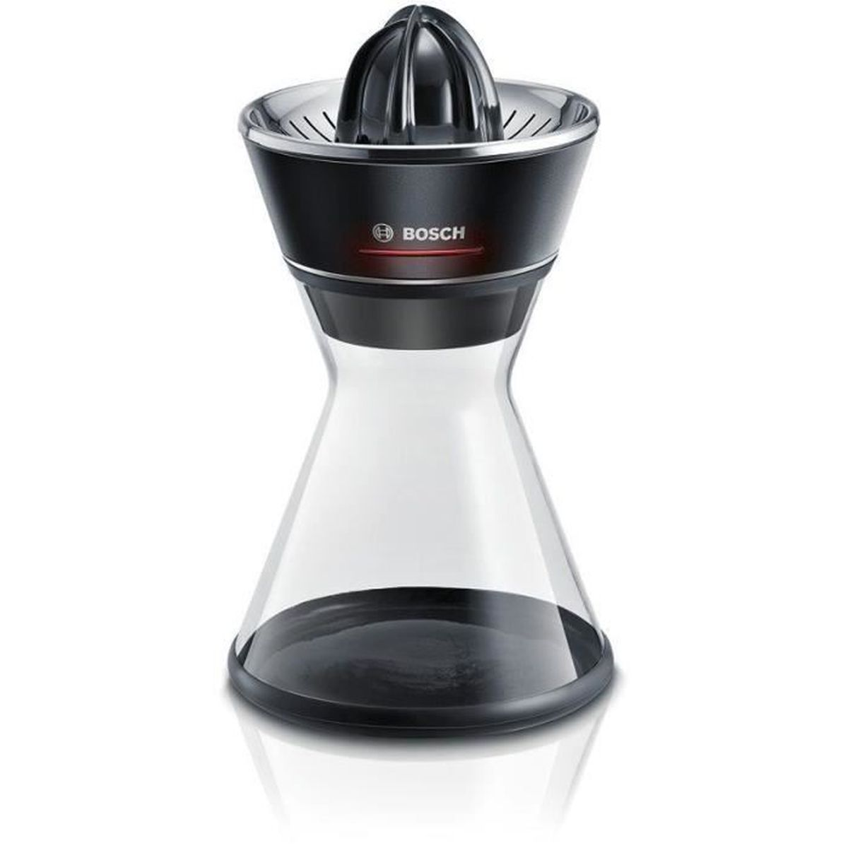 Spremiagrumi nero e vetro trasparente con logo Bosch. Ha forma a clessidra.