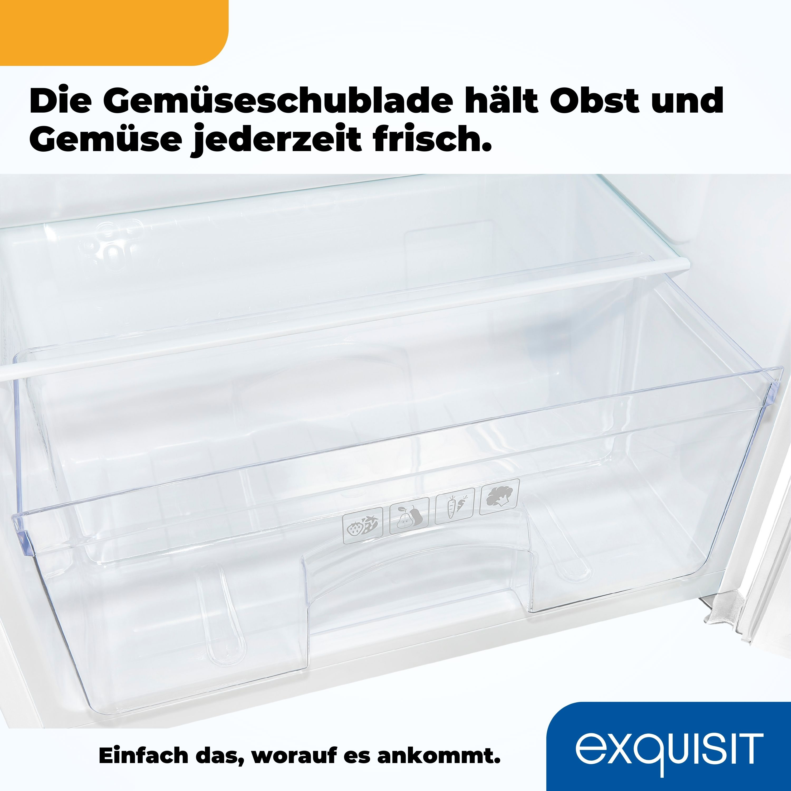 Nahaufnahme einer transparenten Gemüseschublade im Inneren eines weißen Kühlschranks.