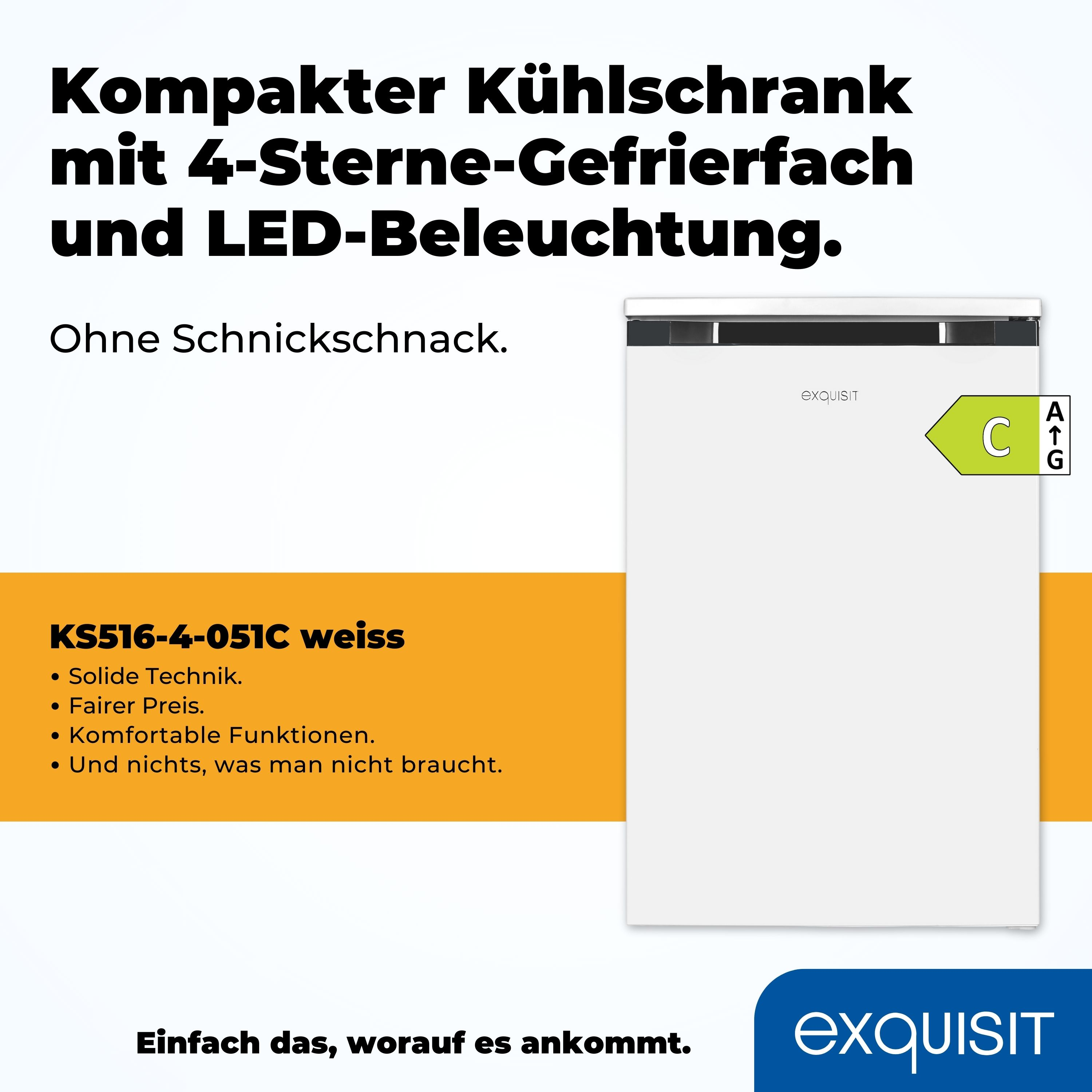 Weißer Kühlschrank mit einem Energieeffizienzlabel in der Ecke.