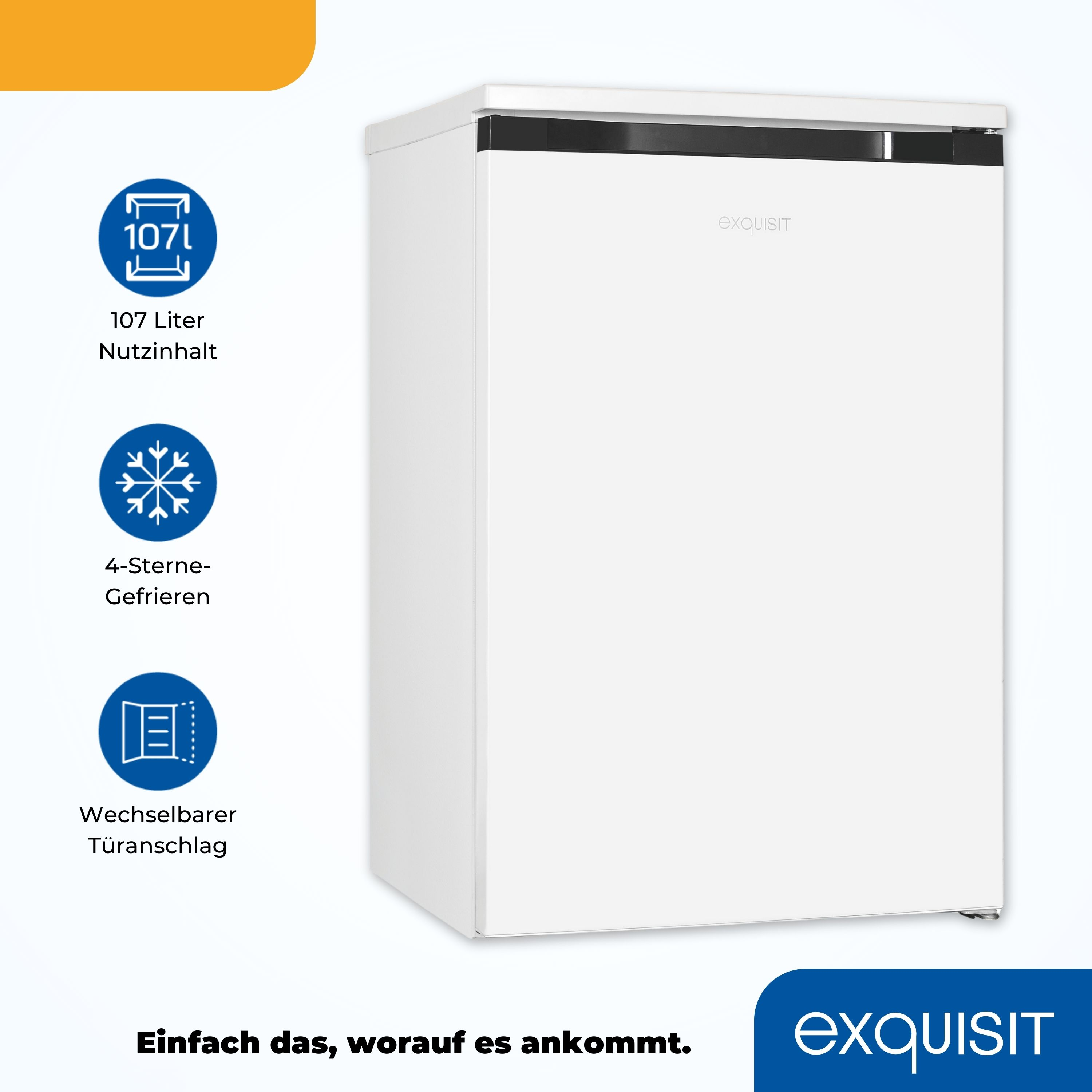Weißer Kühlschrank mit 107L. 4-Sterne-Gefrieren und wechselbare Tür. Text: Einfach das, worauf es ankommt.
