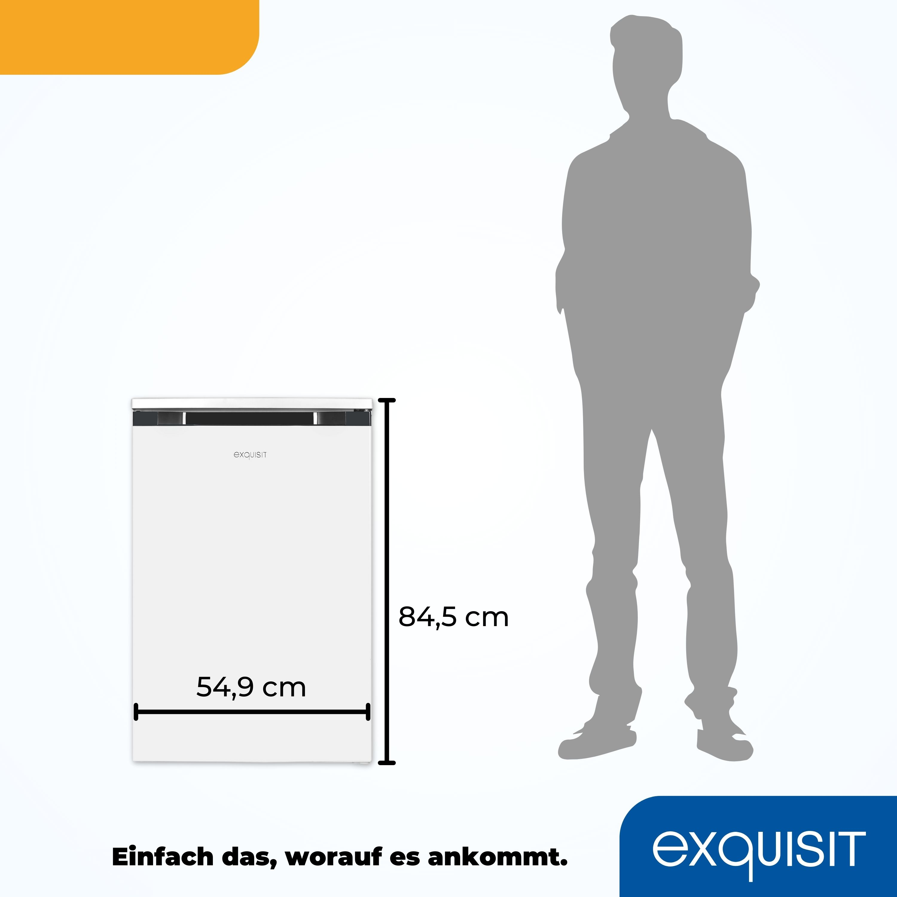 Ein weißer Kühlschrank mit markierten Abmessungen, neben einer Personensilhouette.