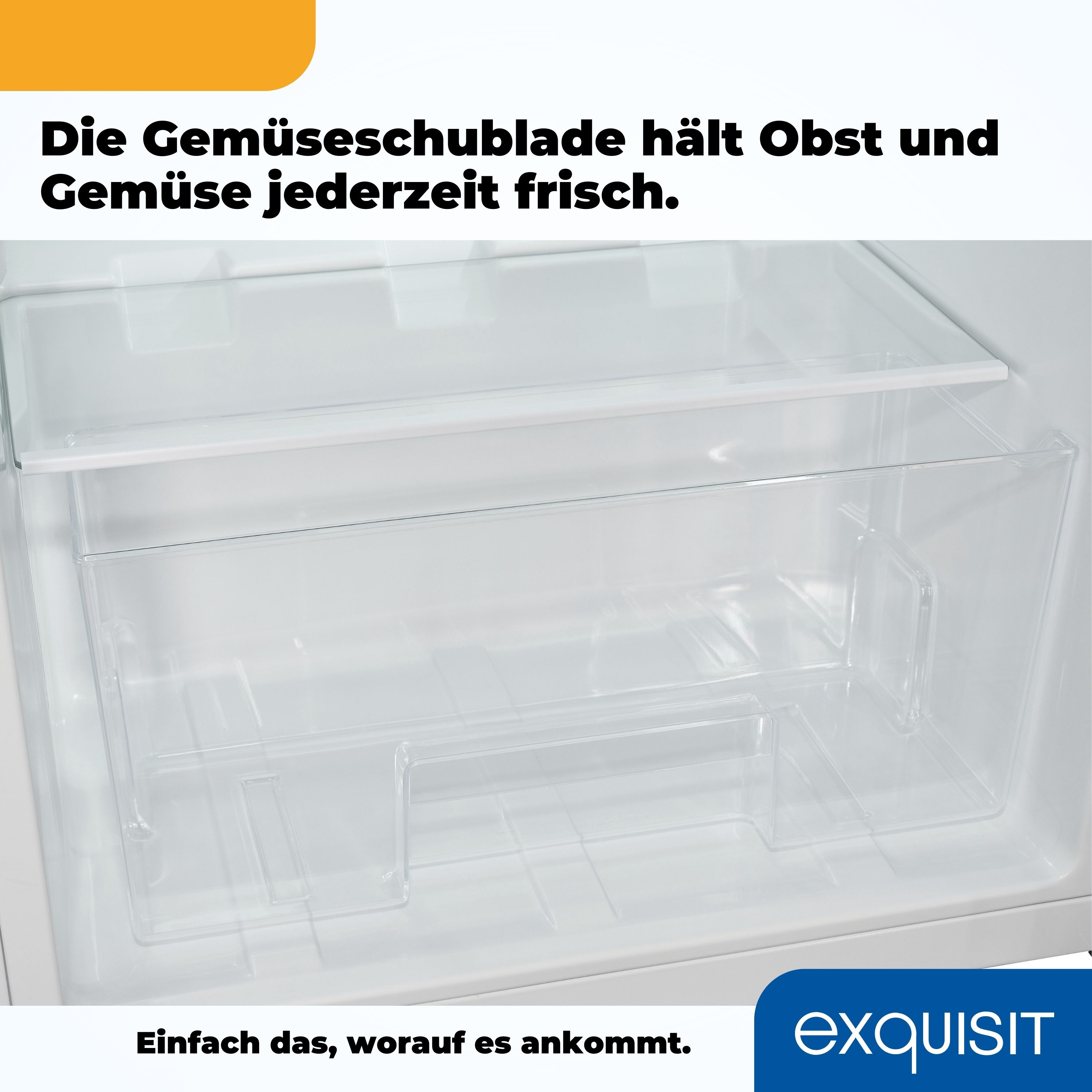 Eine klare Kühlschublade. Der Text besagt, dass Obst und Gemüse frisch bleiben.