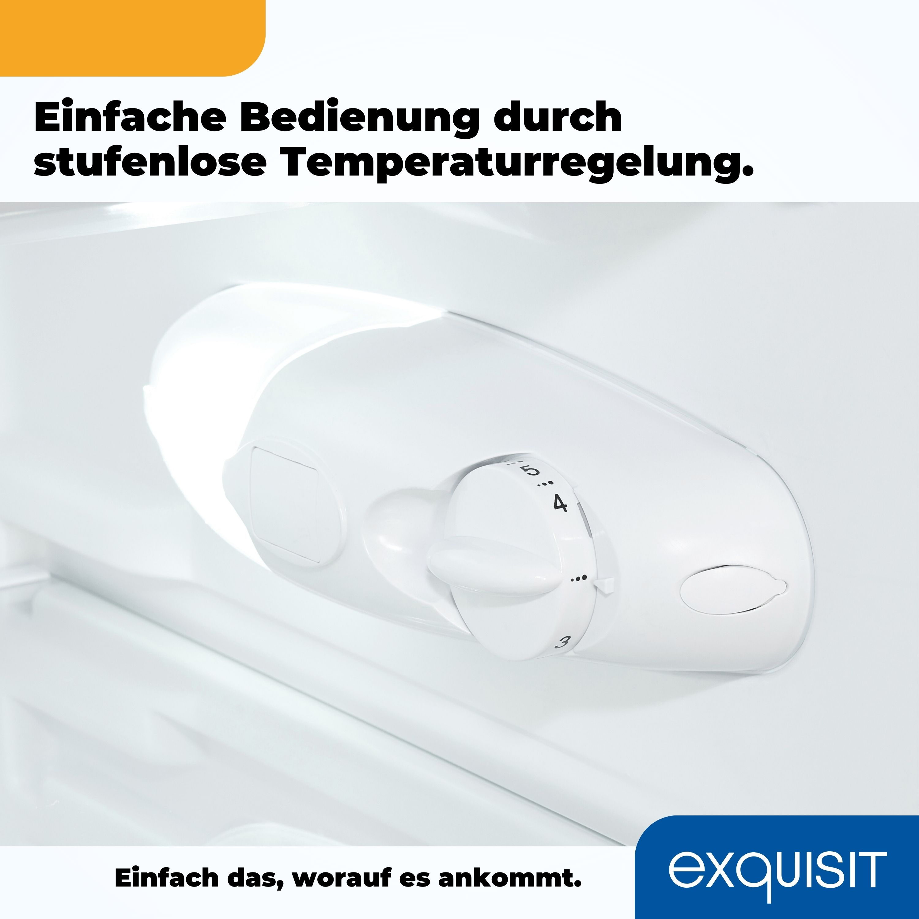 Weißer Temperaturregler in einem Kühlschrank. Text: Einfache Bedienung durch stufenlose Temperaturregelung.