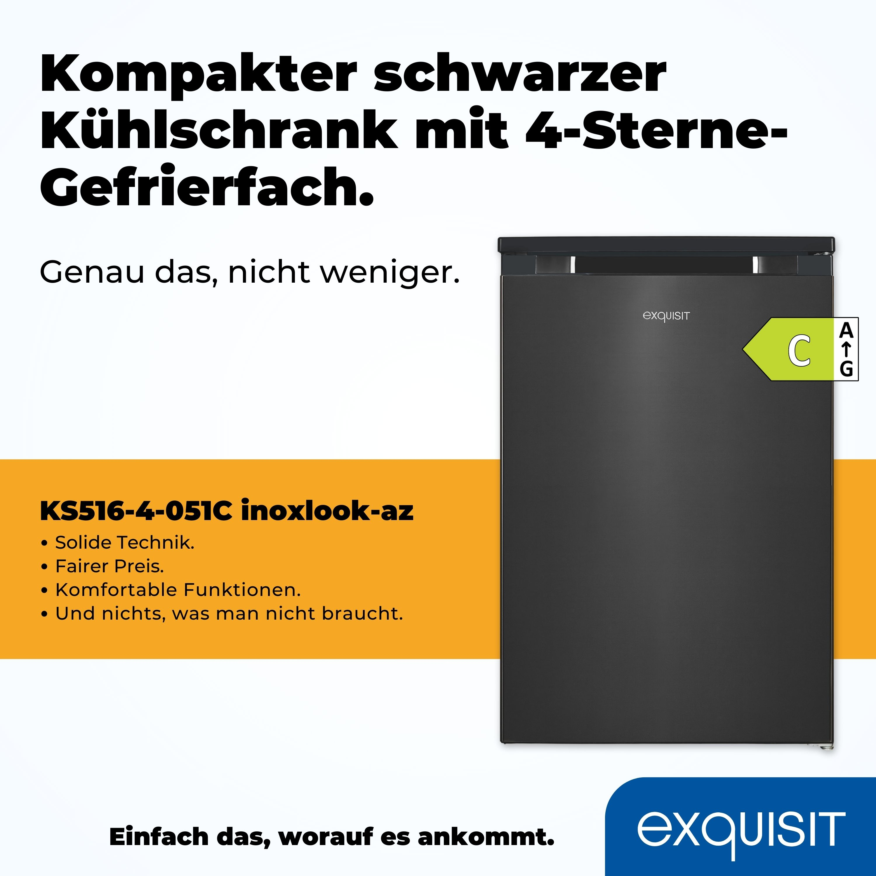 Schwarzer Kühlschrank mit Text links. Text: "Kompakter schwarzer Kühlschrank". C-Energielabel rechts.