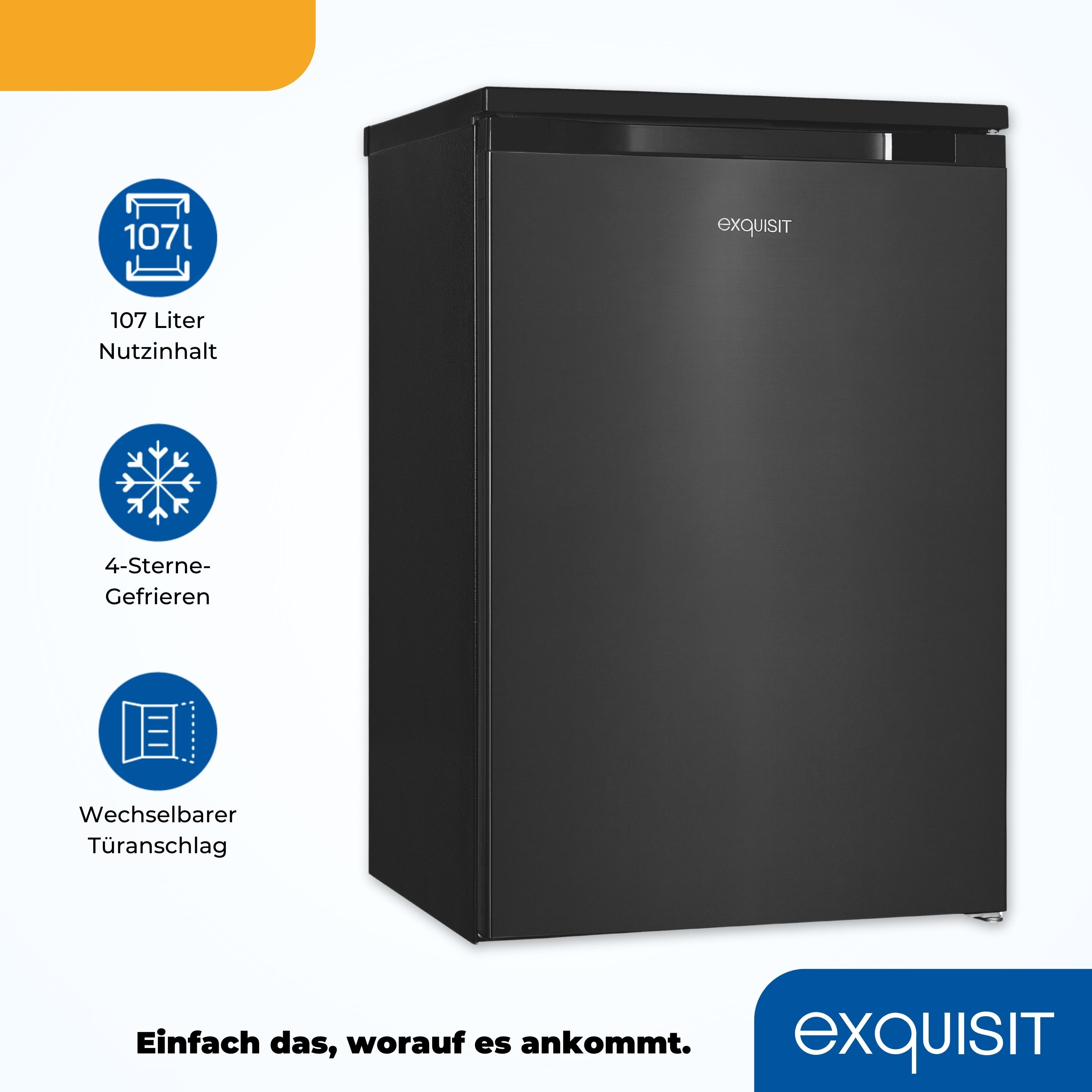 Schwarzer Mini-Kühlschrank mit weißem Innenraum und deutschen Texten neben Symbolen.